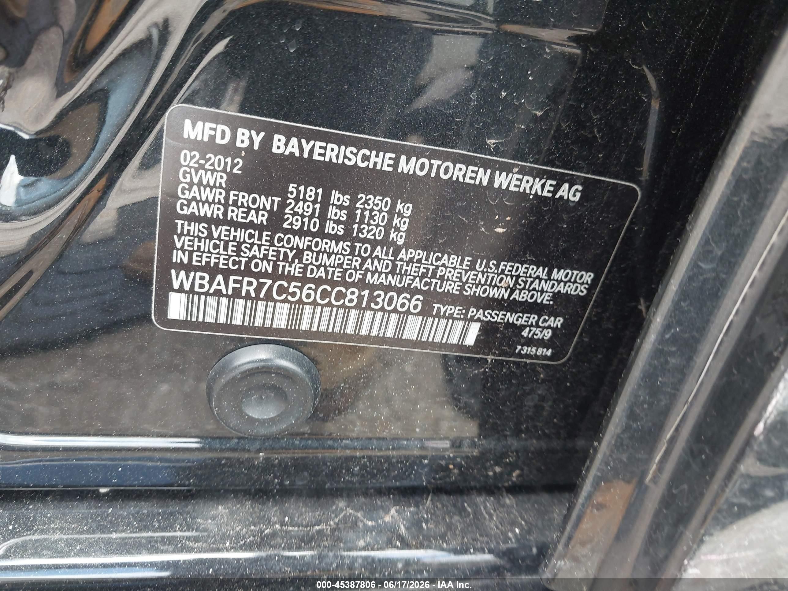 2012 Bmw 535i Black vin: WBAFR7C56CC813066