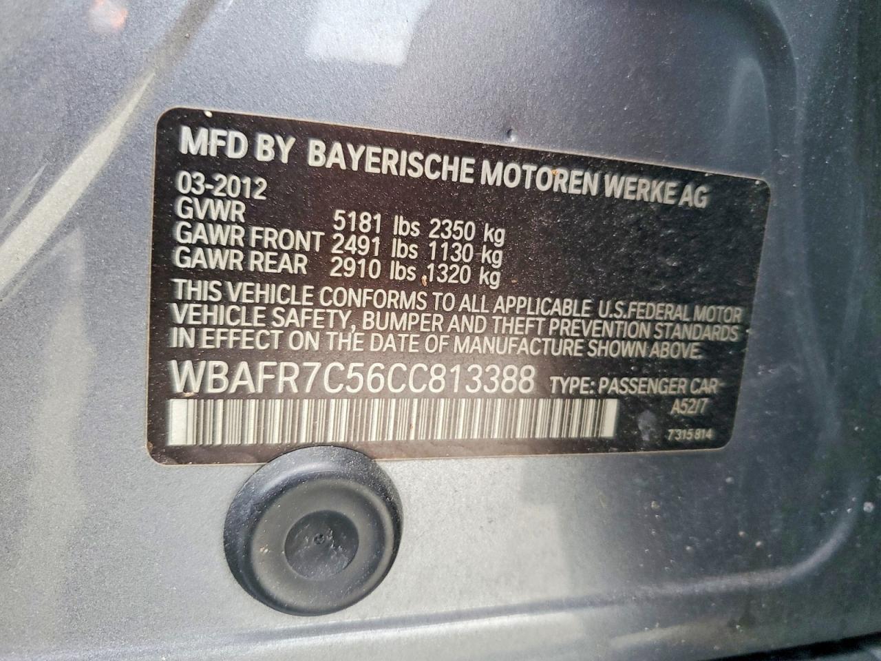 2012 Bmw 535 I Серебряный vin: WBAFR7C56CC813388