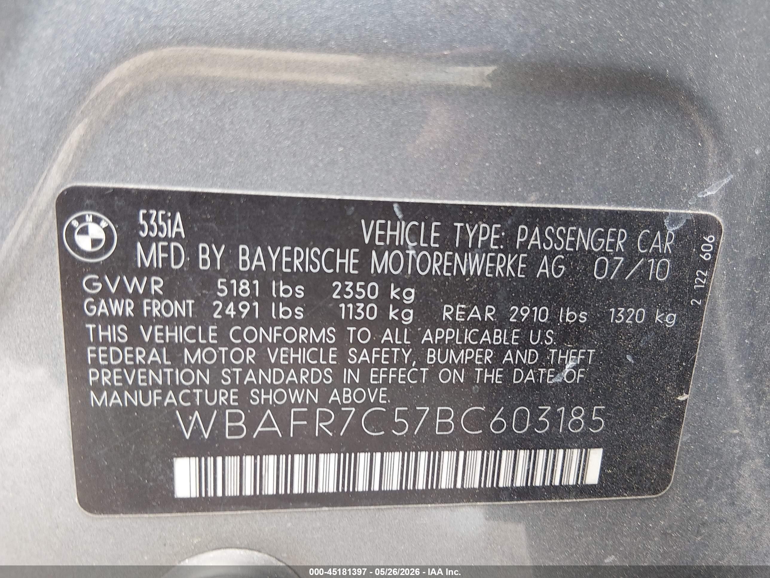 2011 Bmw 535i   Gray vin: WBAFR7C57BC603185