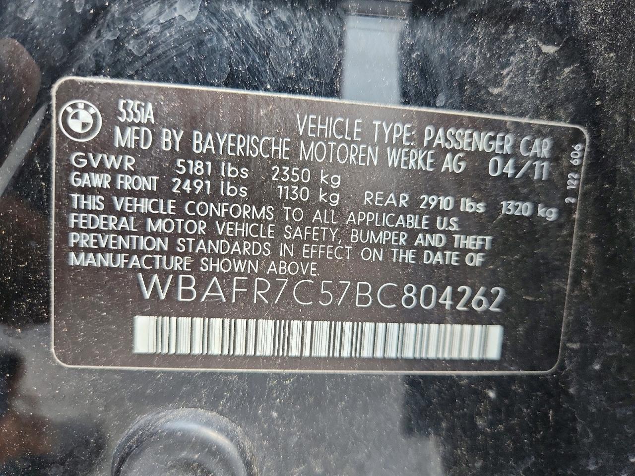 2011 Bmw 535 I Black vin: WBAFR7C57BC804262