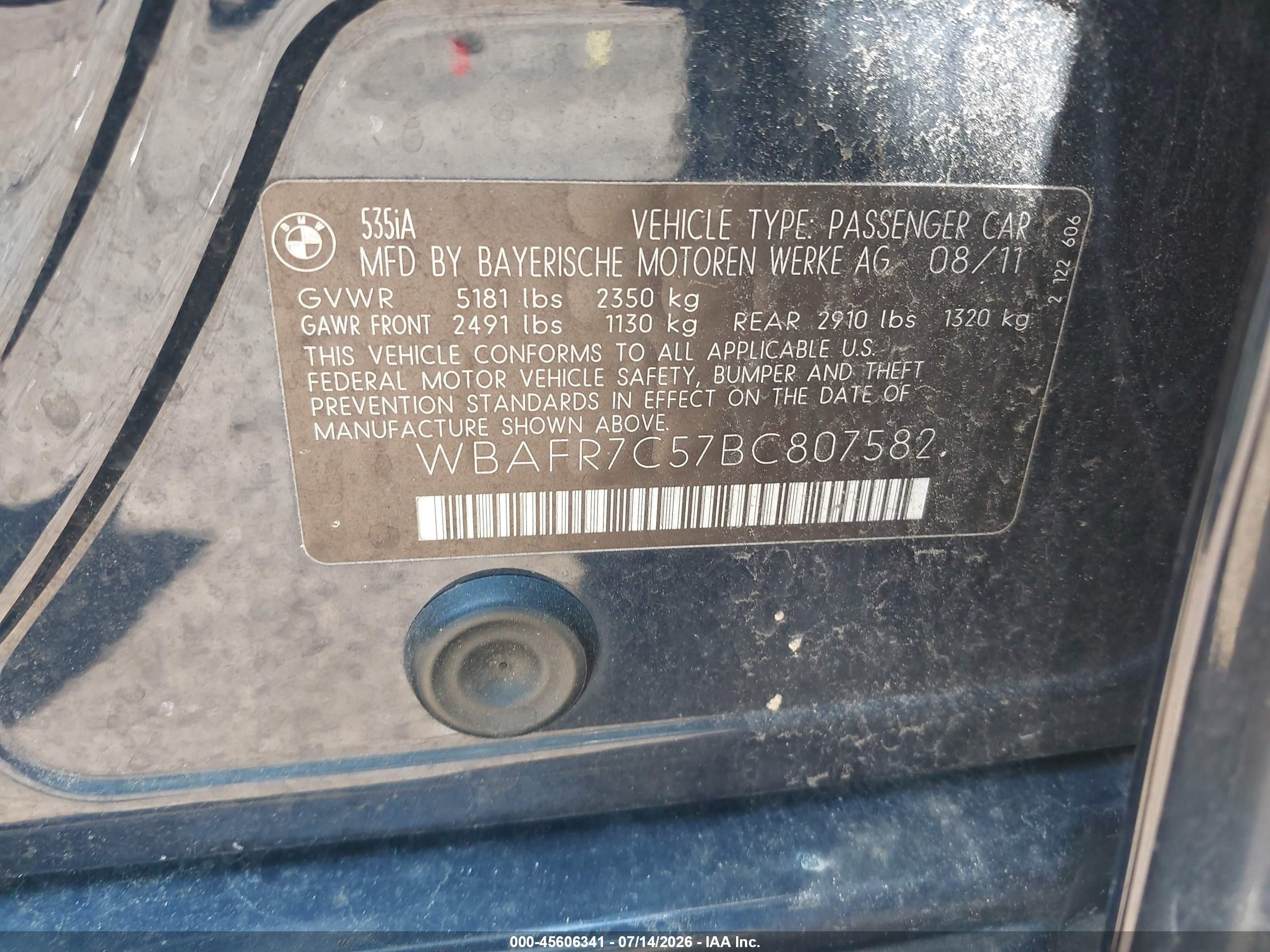 2011 Bmw 535i   Dark Blue vin: WBAFR7C57BC807582