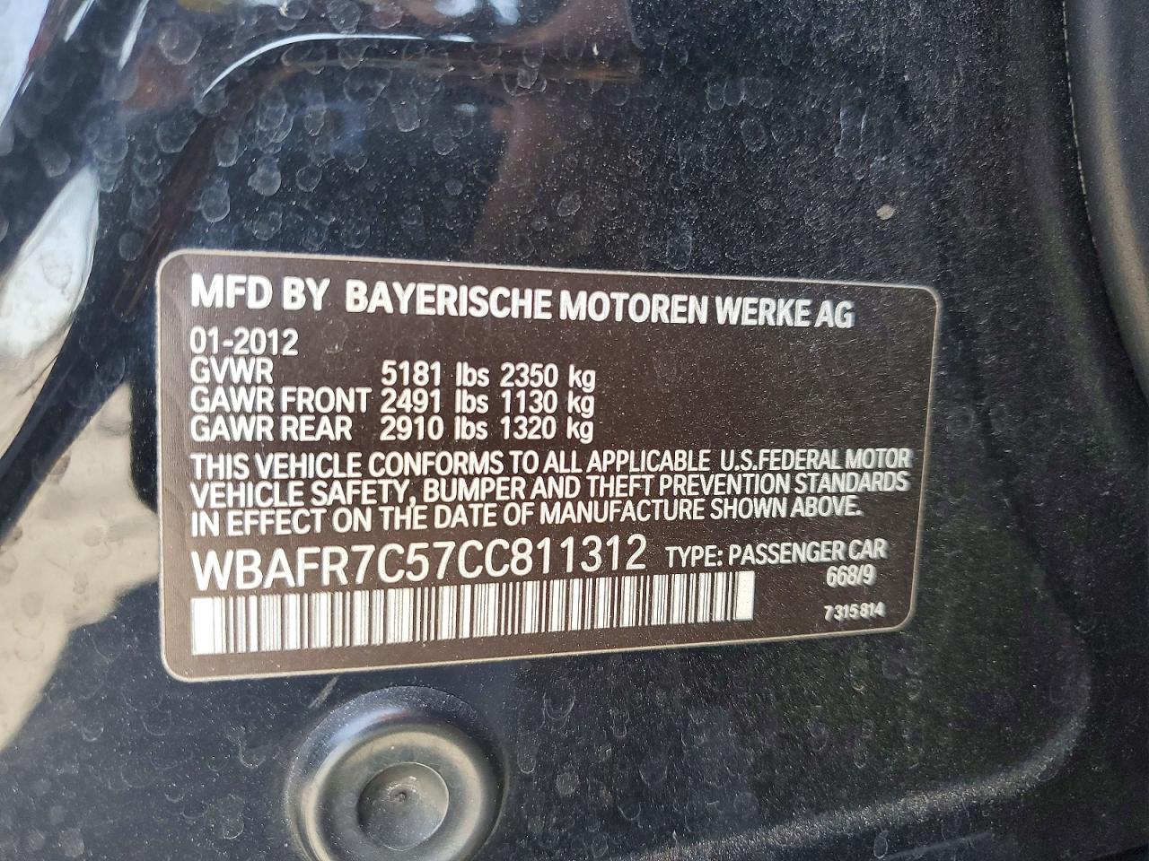 2012 Bmw 535 I Black vin: WBAFR7C57CC811312