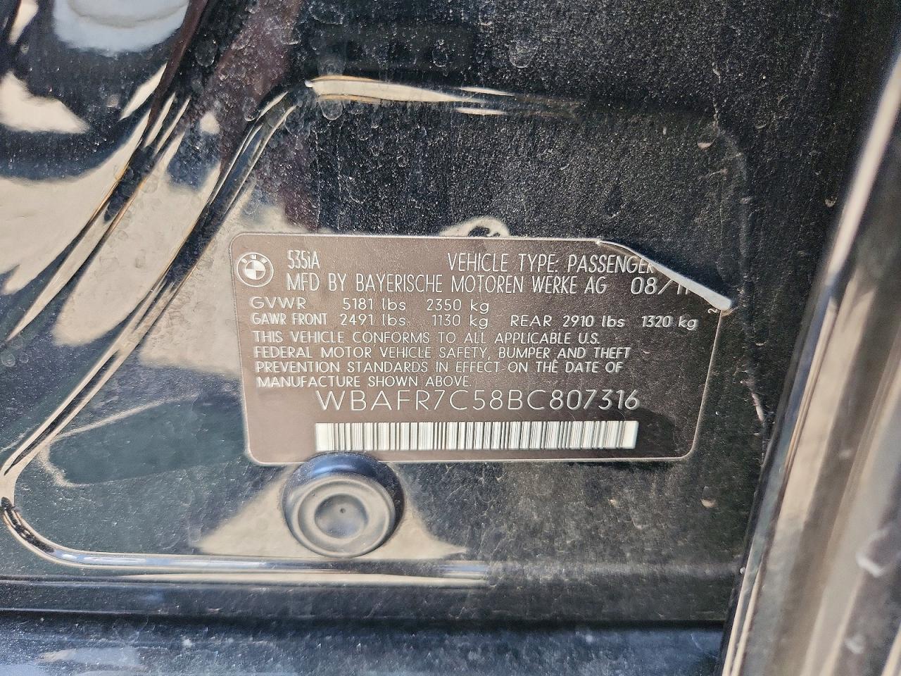 2011 Bmw 535 I Black vin: WBAFR7C58BC807316