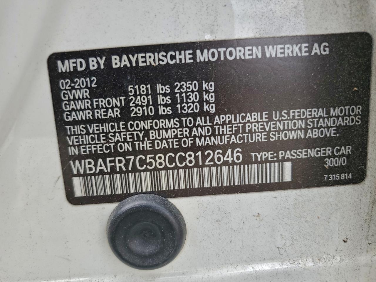 2012 Bmw 535 I White vin: WBAFR7C58CC812646