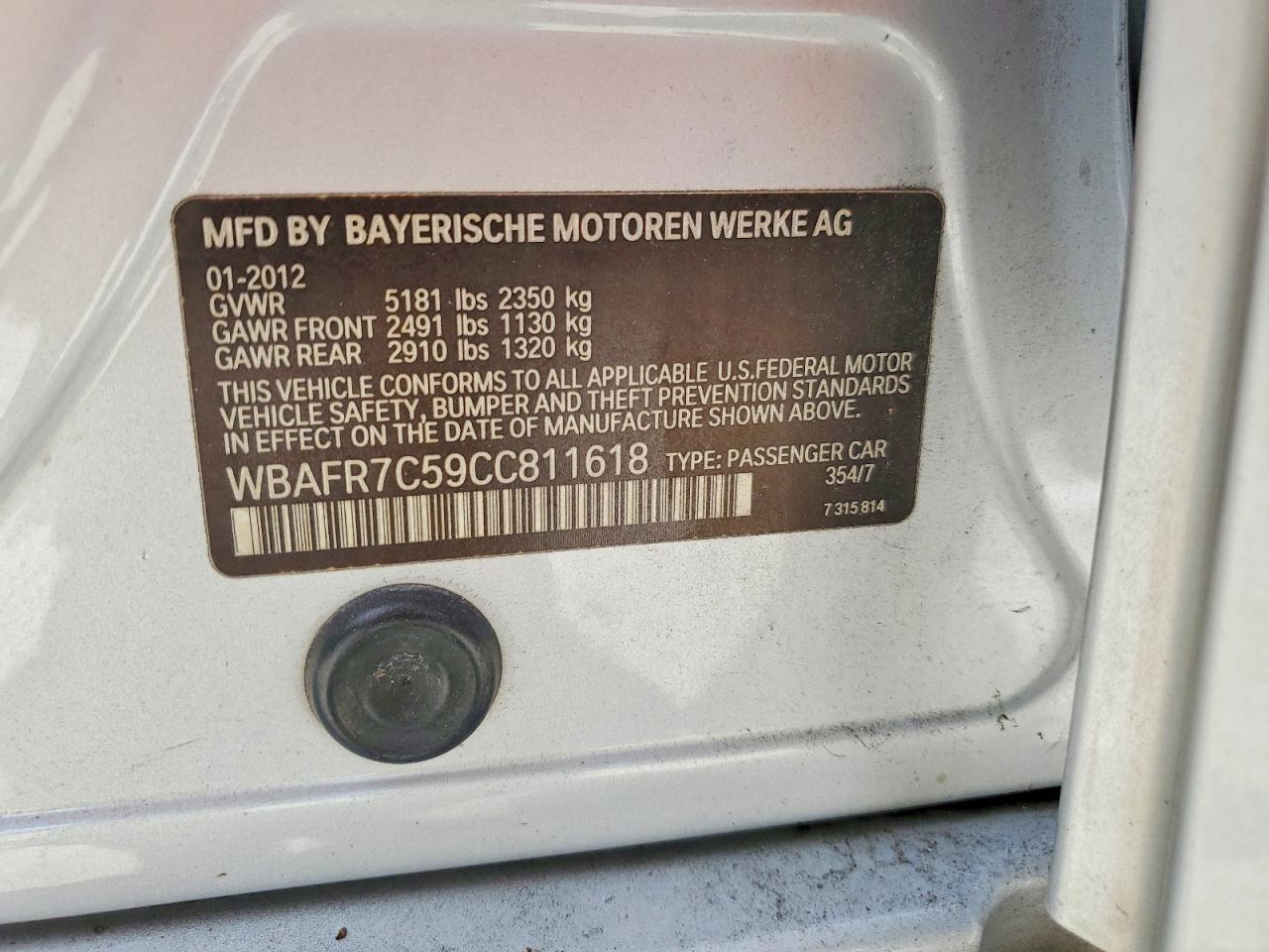 2012 Bmw 535 I Серебряный vin: WBAFR7C59CC811618
