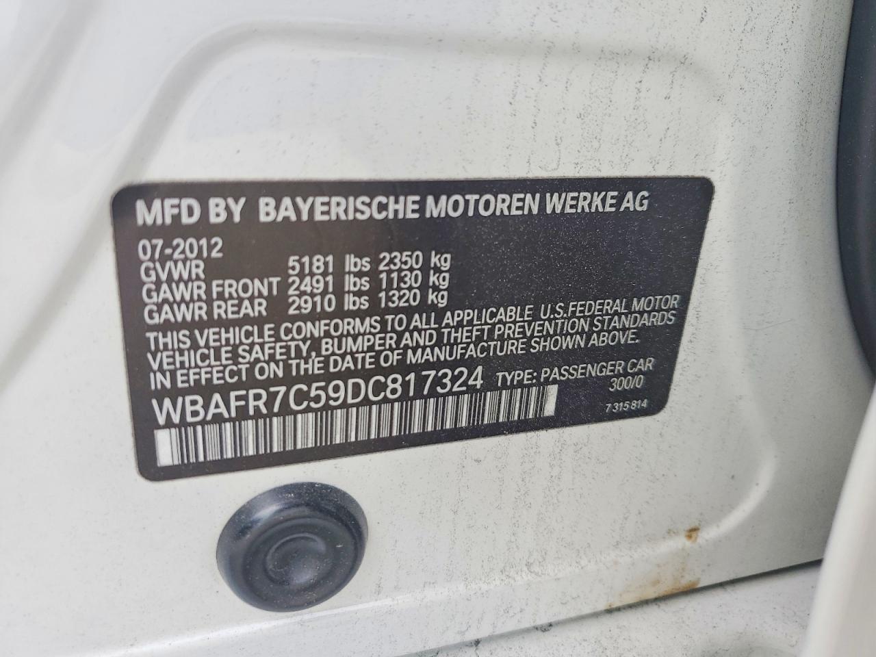 2013 Bmw 535 I Белый vin: WBAFR7C59DC817324