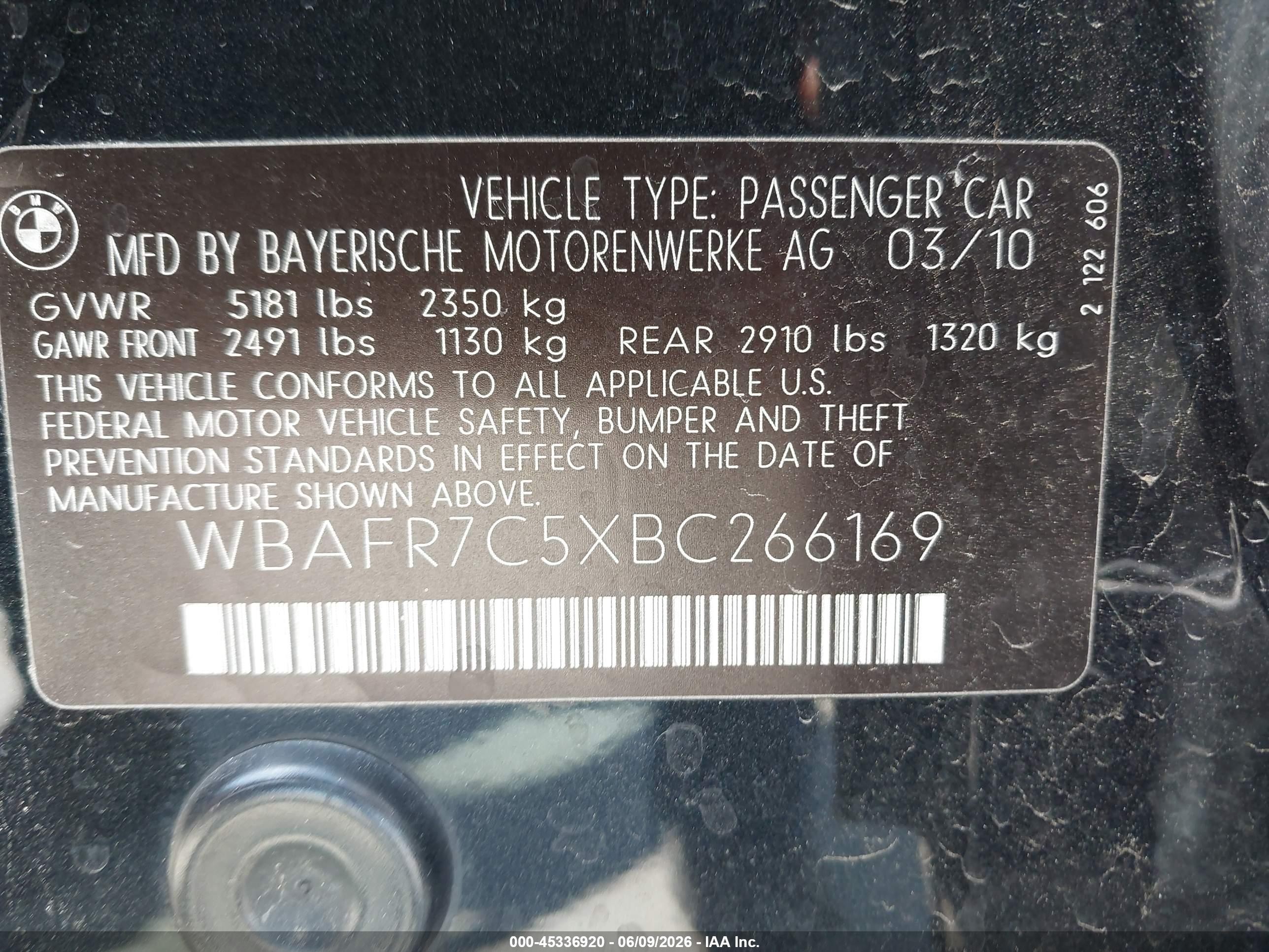 2011 Bmw 535i   Black vin: WBAFR7C5XBC266169