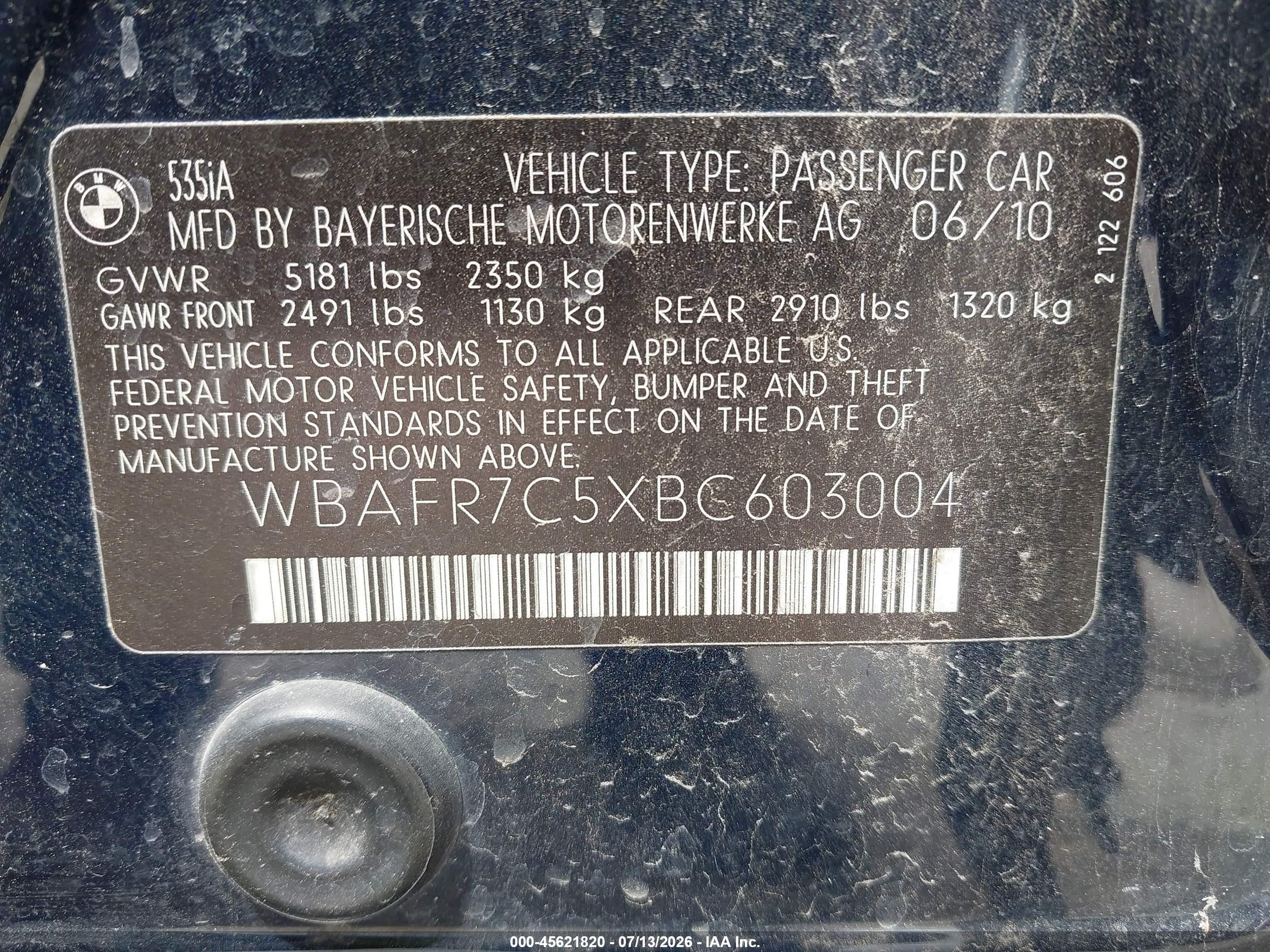2011 Bmw 535i   Dark Blue vin: WBAFR7C5XBC603004