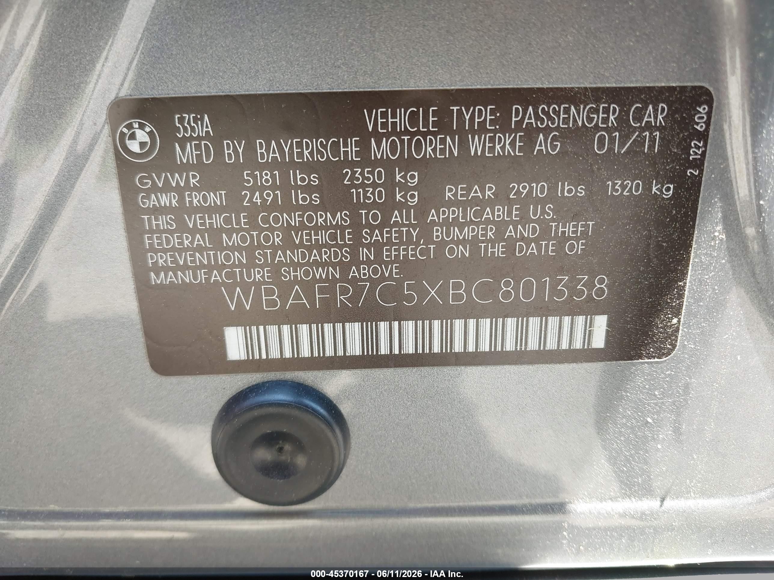 2011 Bmw 535i   Серебряный vin: WBAFR7C5XBC801338