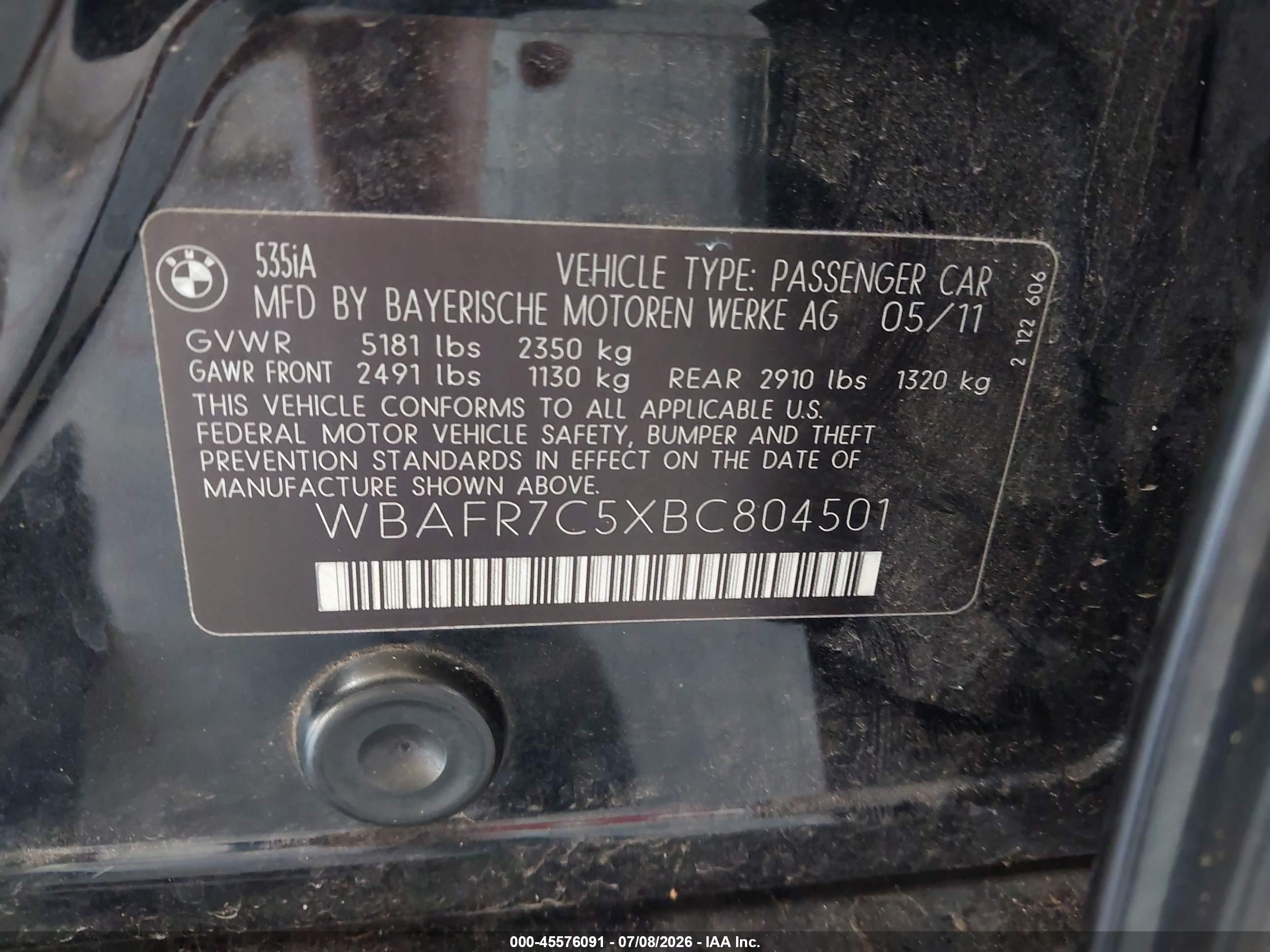 2011 Bmw 535i   Black vin: WBAFR7C5XBC804501