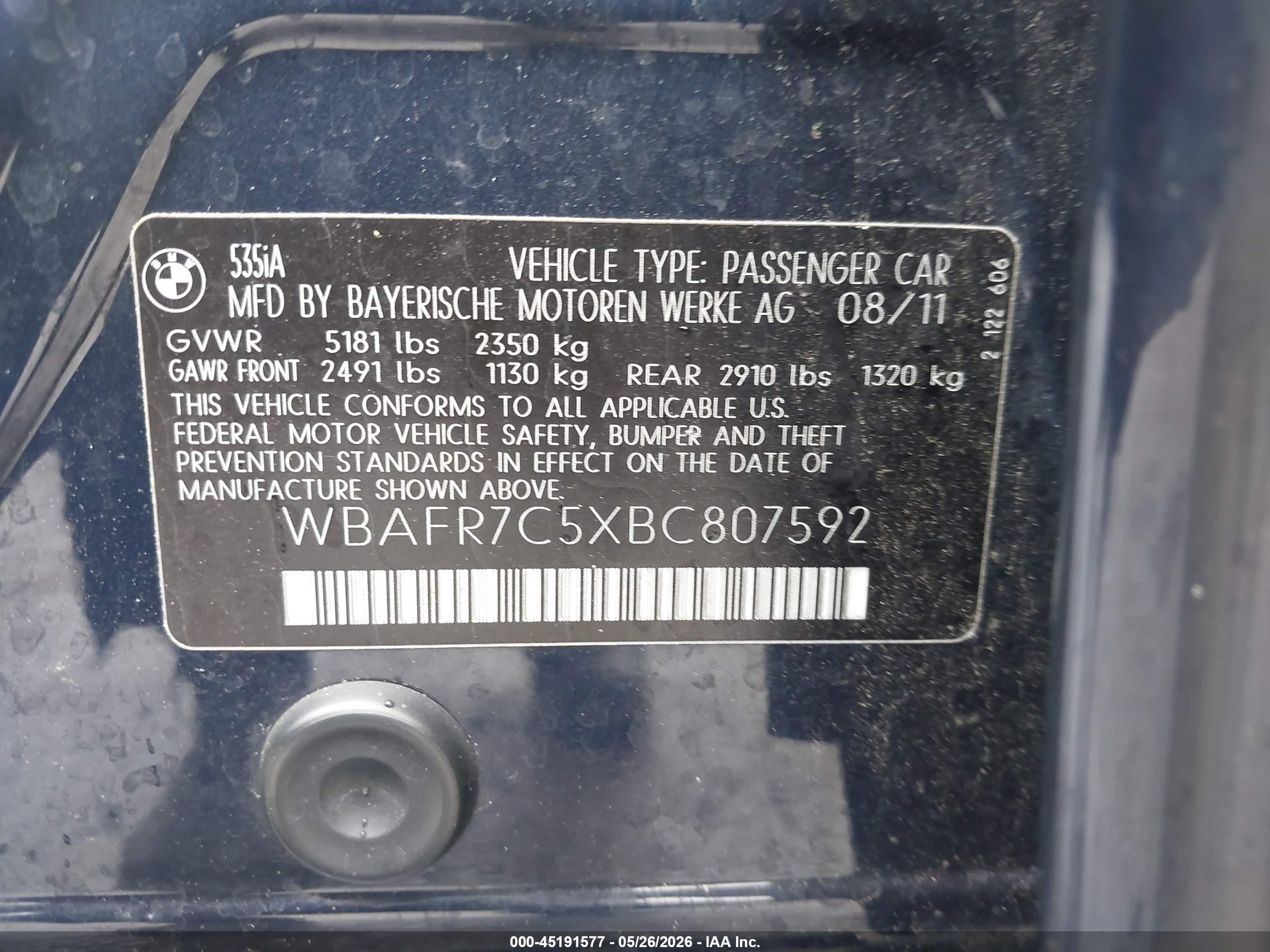 2011 Bmw 535i   Blue vin: WBAFR7C5XBC807592