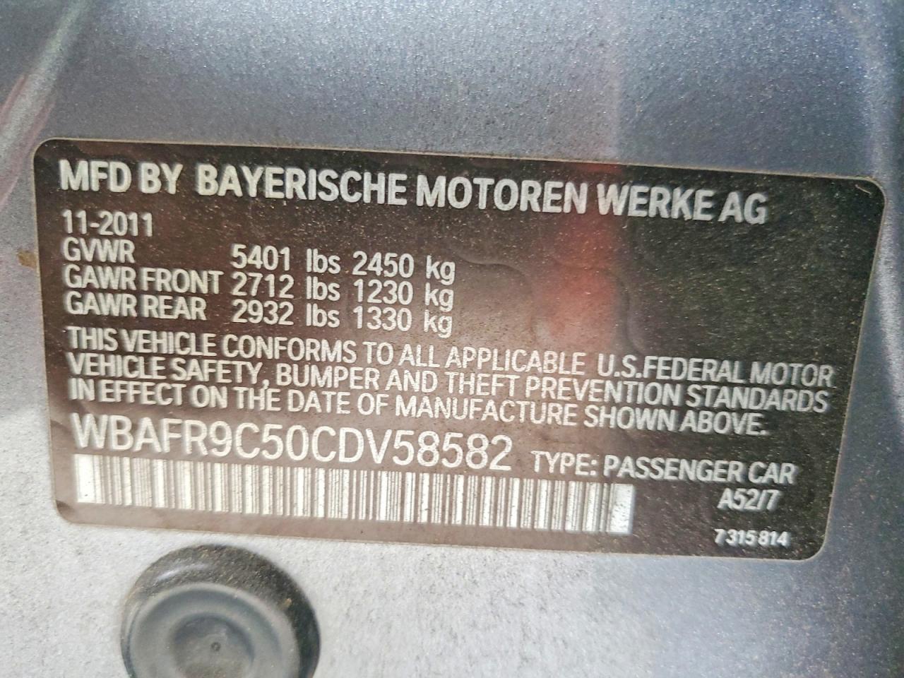 2012 Bmw 550 I Gray vin: WBAFR9C50CDV58582