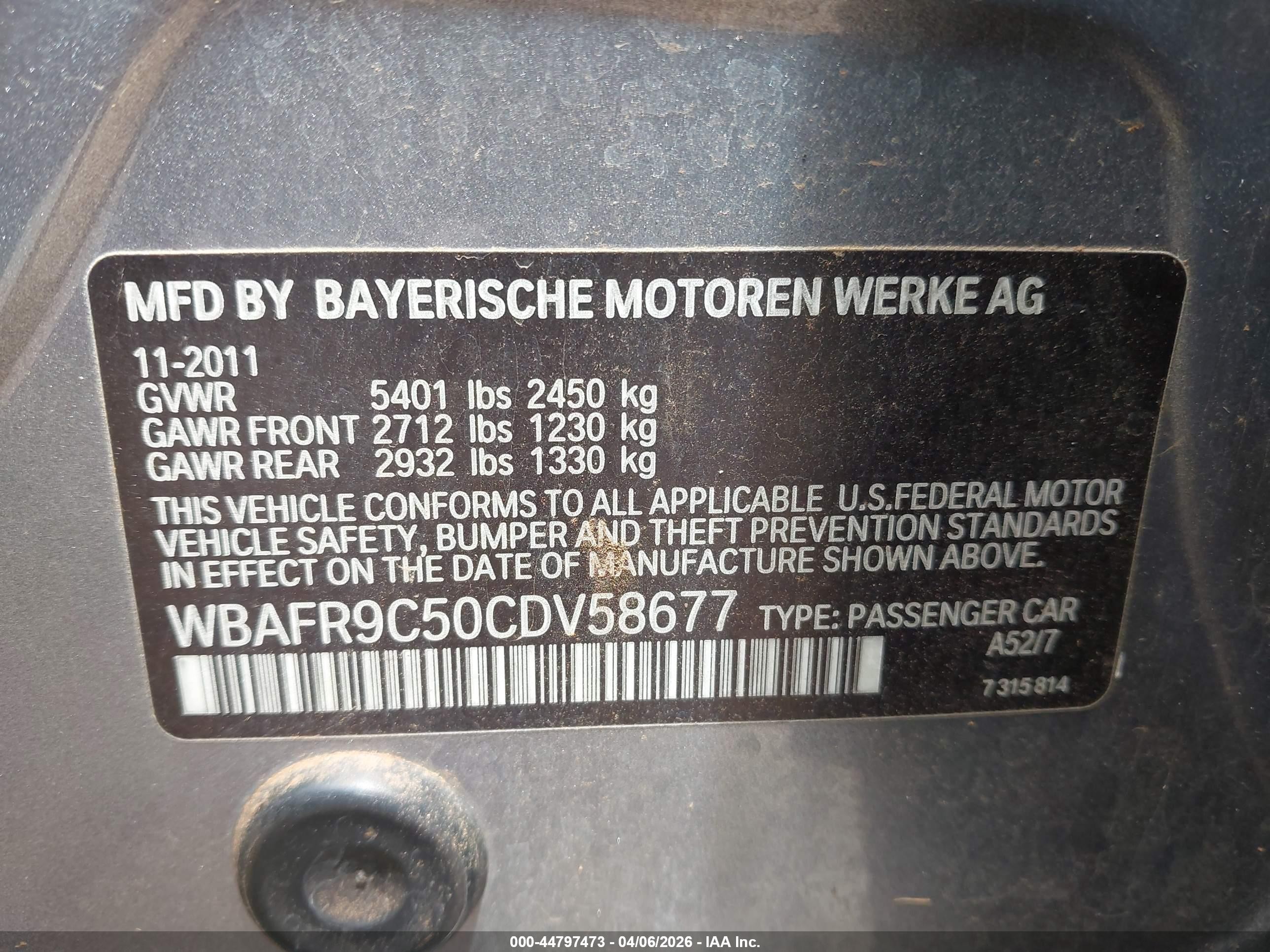 2012 Bmw 550i   Gray vin: WBAFR9C50CDV58677