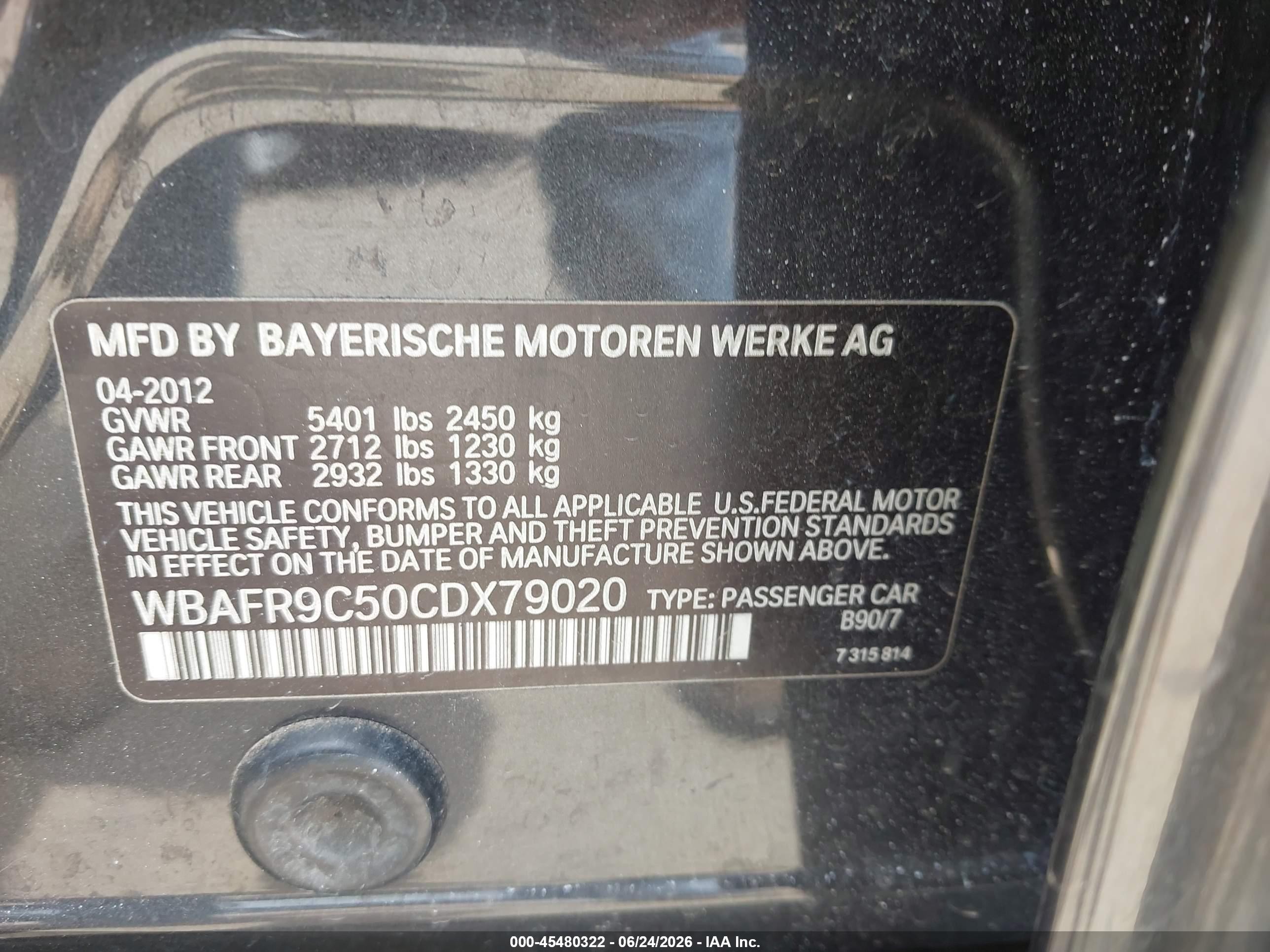 2012 Bmw 550i   Black vin: WBAFR9C50CDX79020