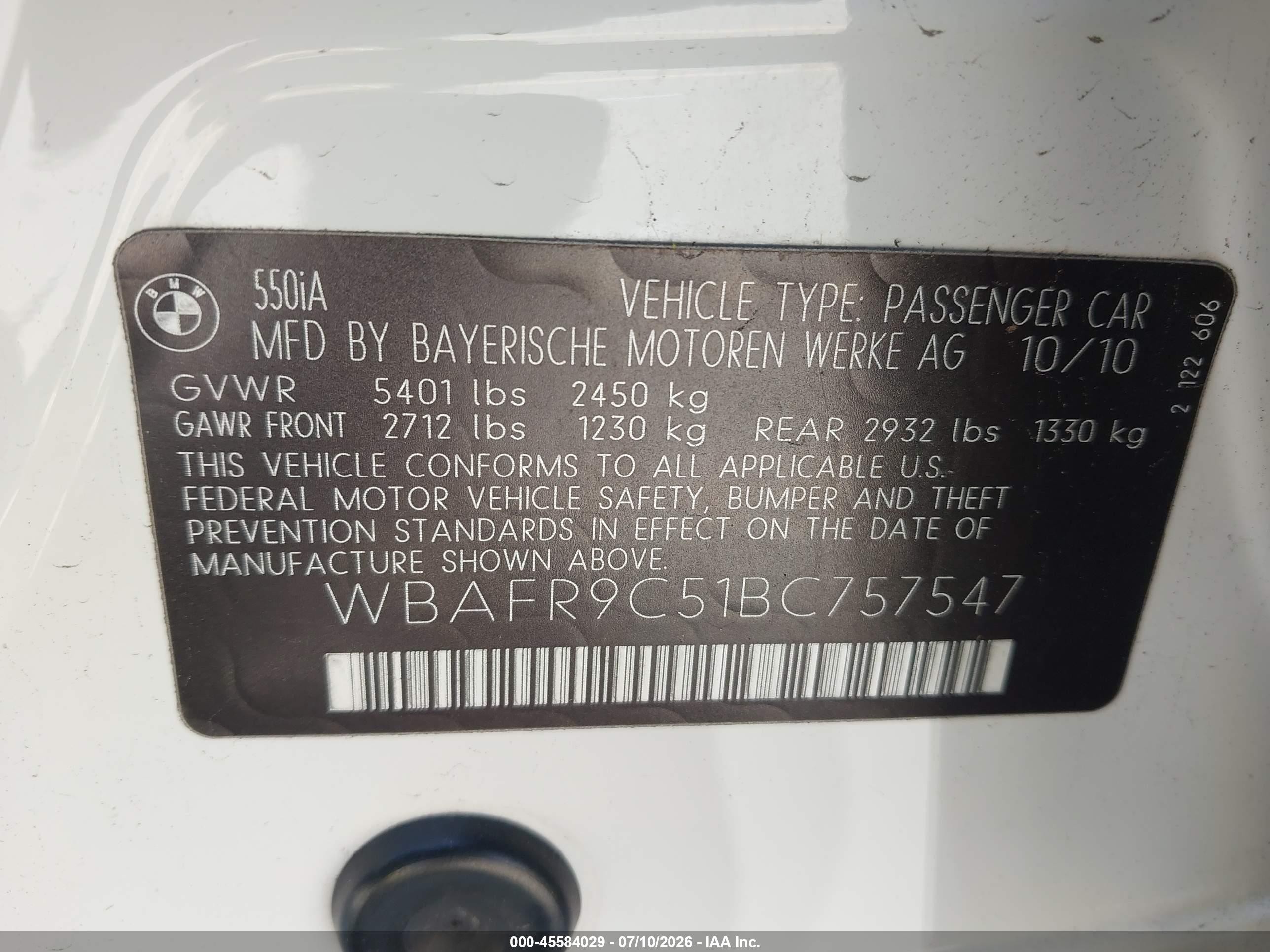 2011 Bmw 550i   Белый vin: WBAFR9C51BC757547