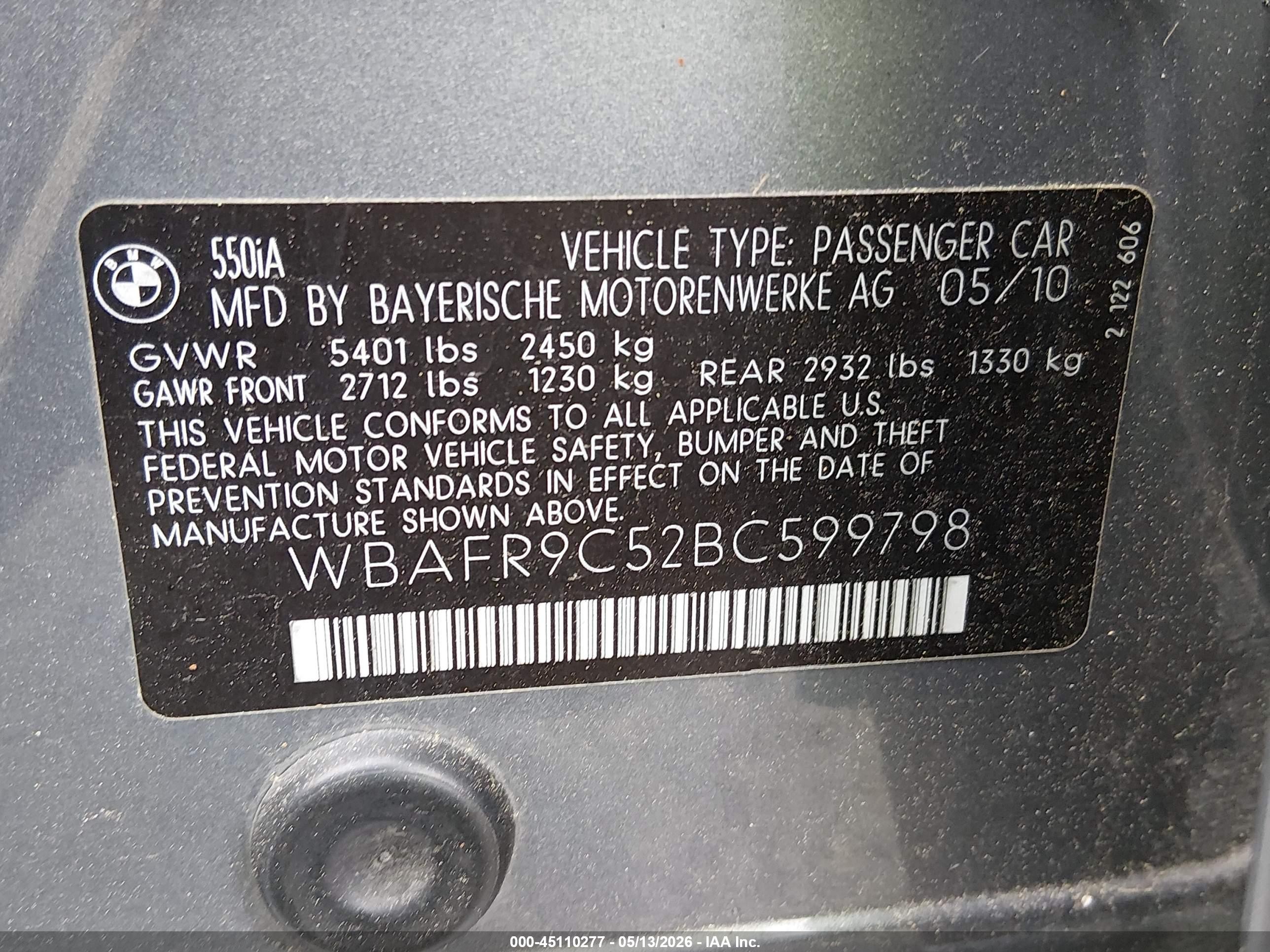 2011 Bmw 550i   Silver vin: WBAFR9C52BC599798