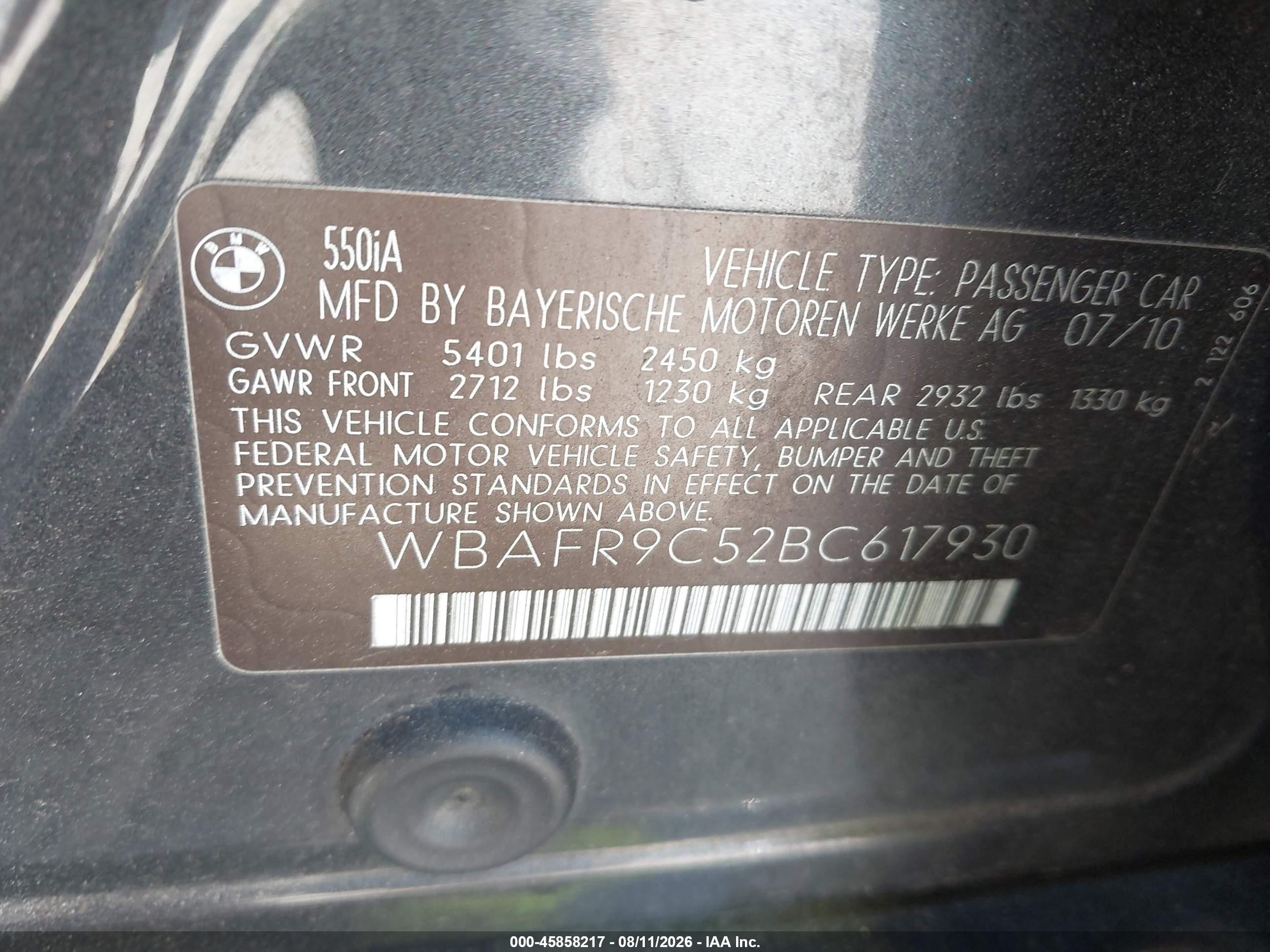 2011 Bmw 550i   Black vin: WBAFR9C52BC617930