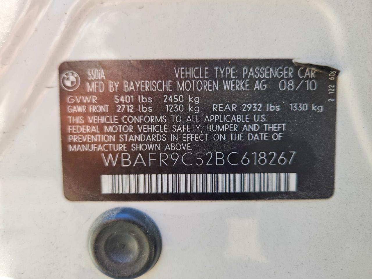 2011 Bmw 550 I White vin: WBAFR9C52BC618267