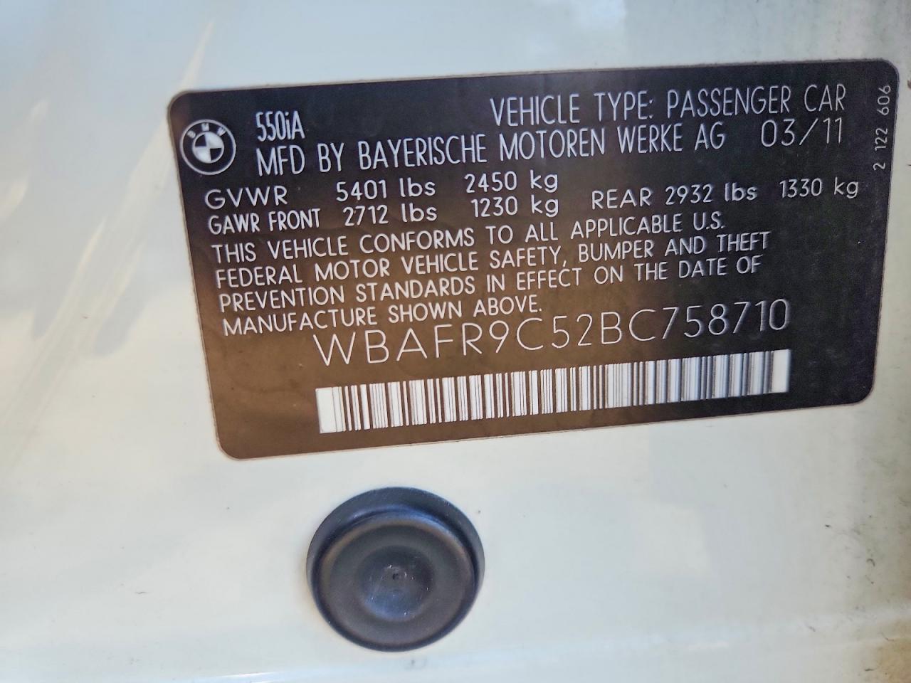 2011 Bmw 550 I White vin: WBAFR9C52BC758710