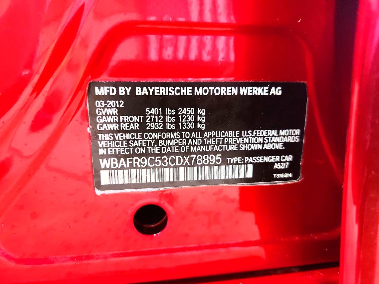 2012 Bmw 550 I Red vin: WBAFR9C53CDX78895