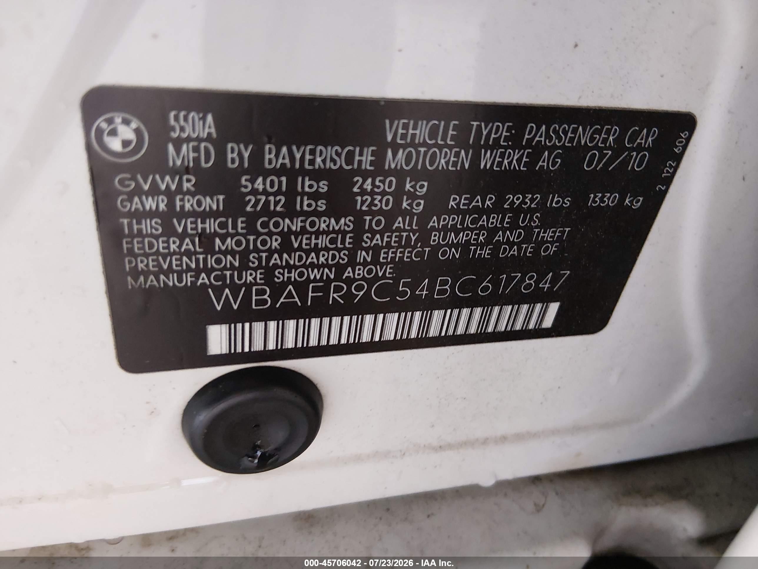 2011 Bmw 550i   White vin: WBAFR9C54BC617847