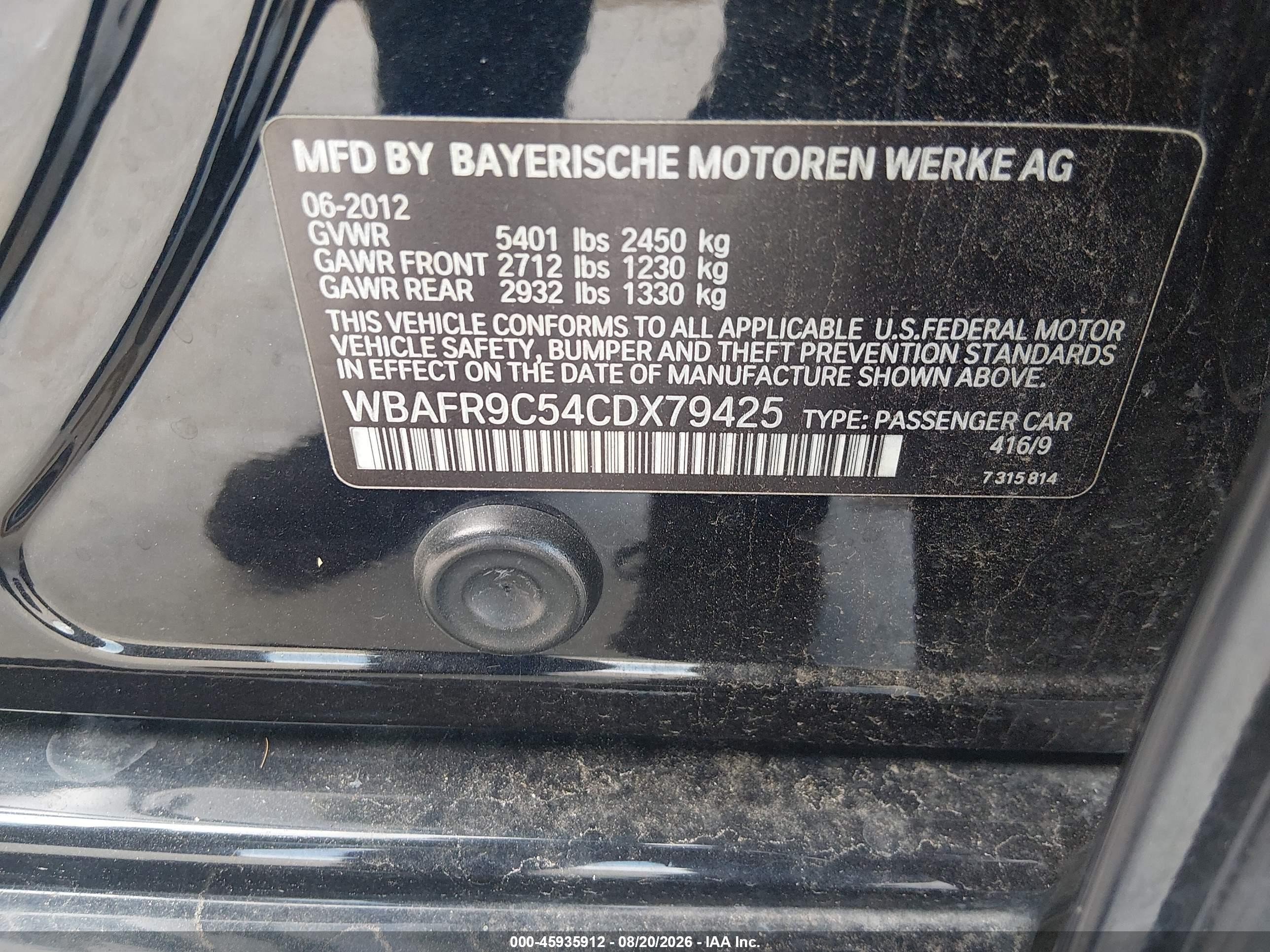2012 Bmw 550i Черный vin: WBAFR9C54CDX79425