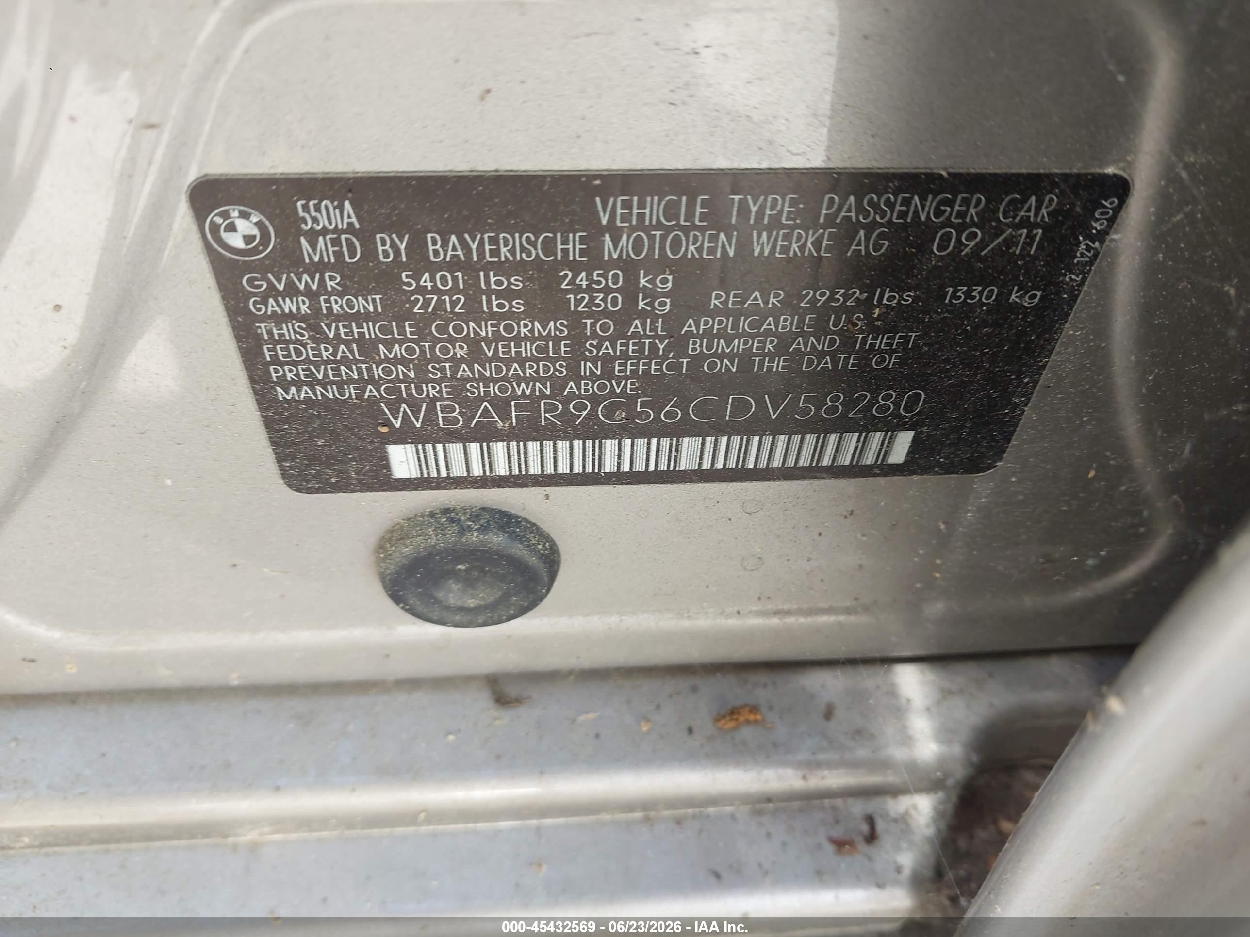 2012 Bmw 550i   Dark Brown vin: WBAFR9C56CDV58280