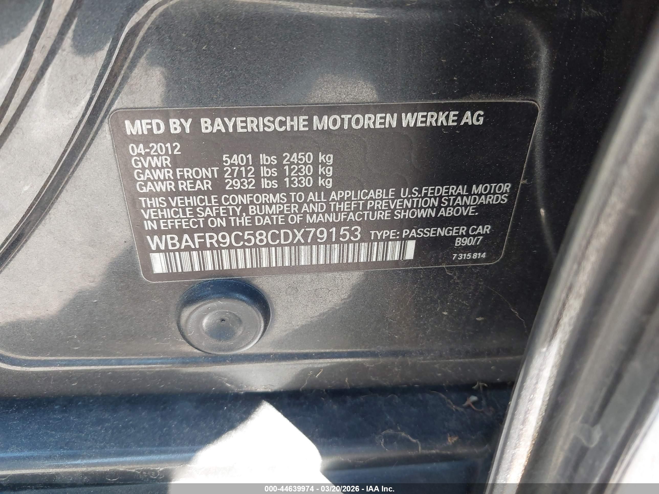 2012 Bmw 550i   Gray vin: WBAFR9C58CDX79153