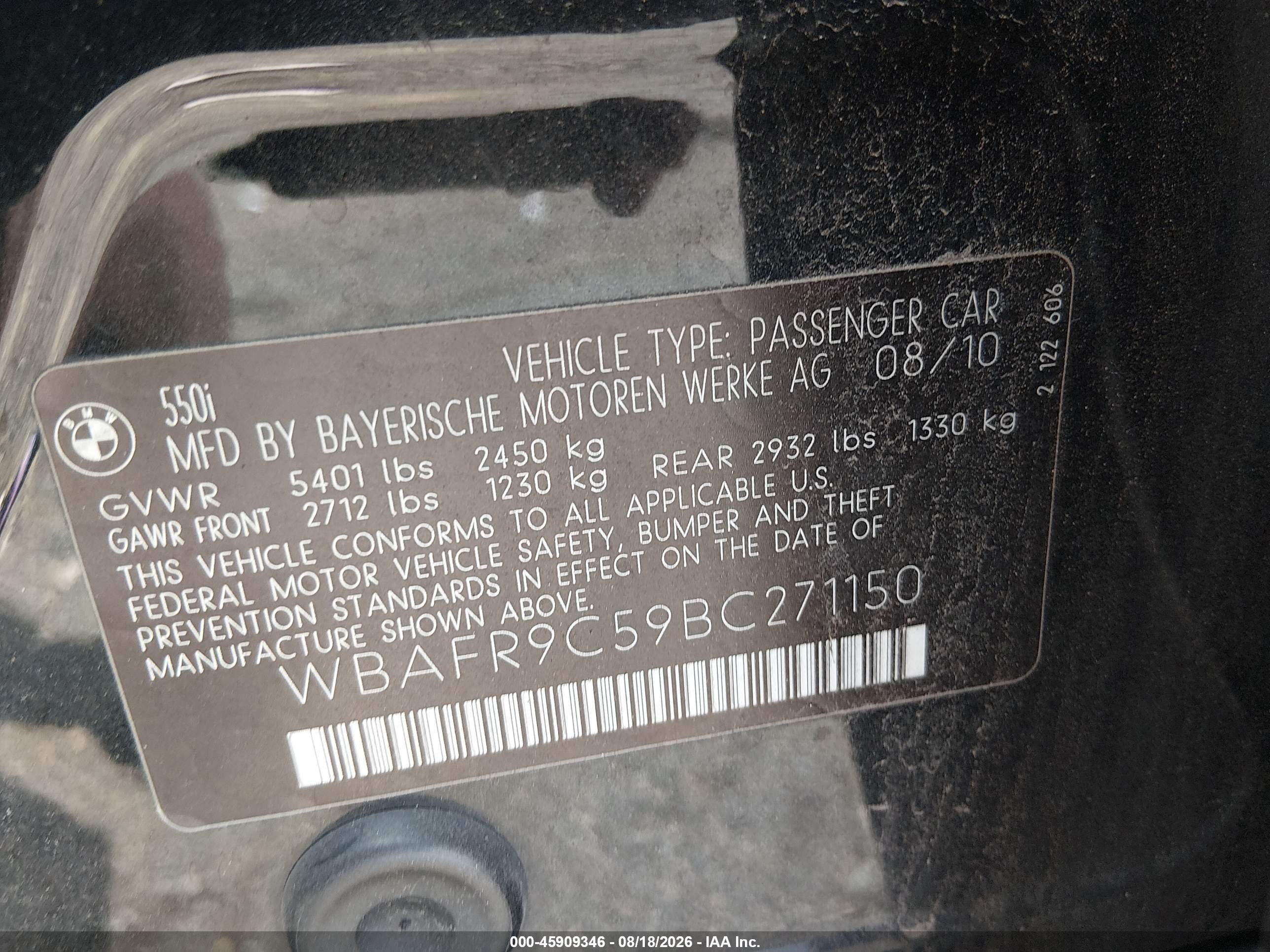 2011 Bmw 550i   Черный vin: WBAFR9C59BC271150
