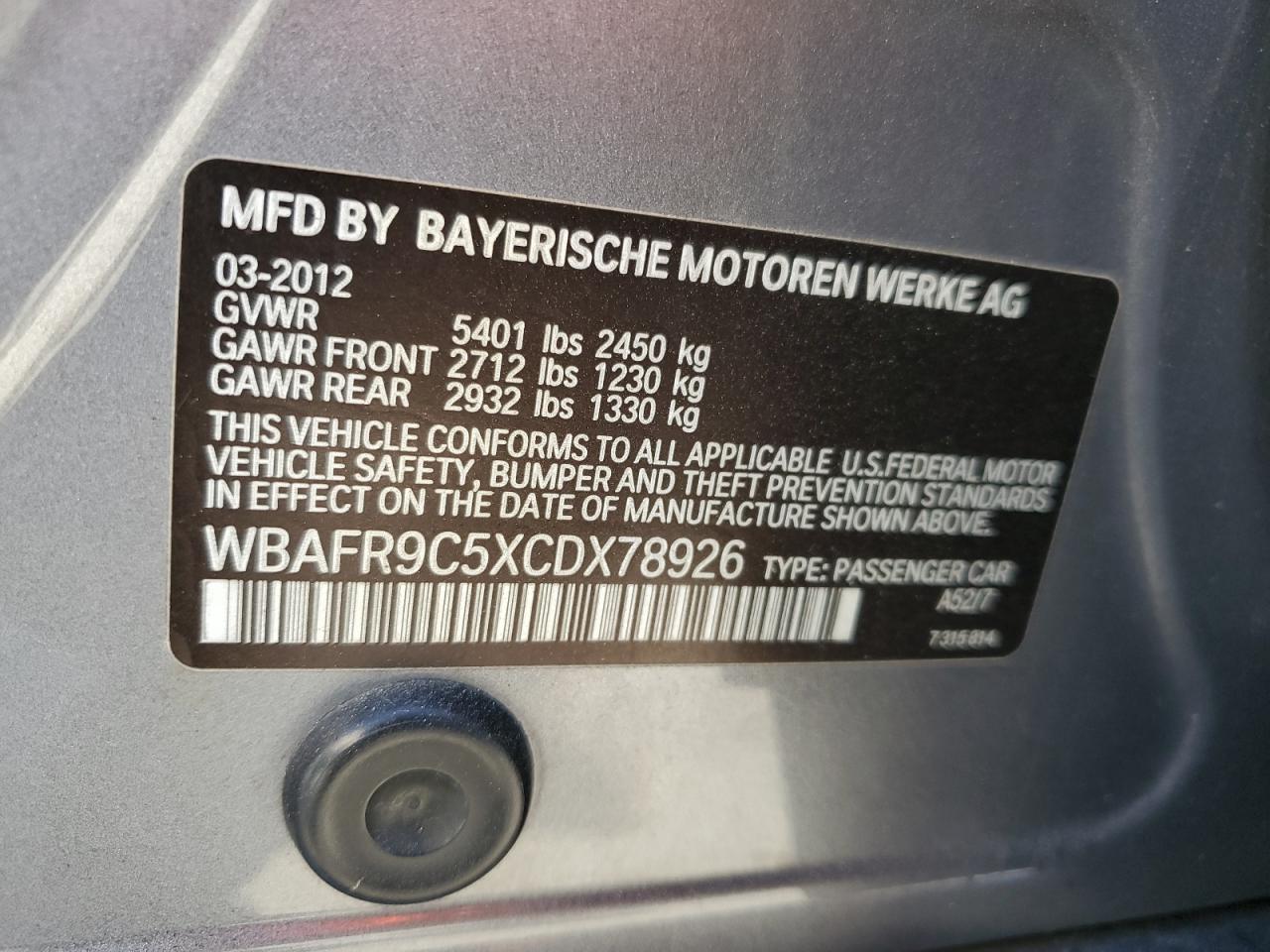 2012 Bmw 550 I Gray vin: WBAFR9C5XCDX78926