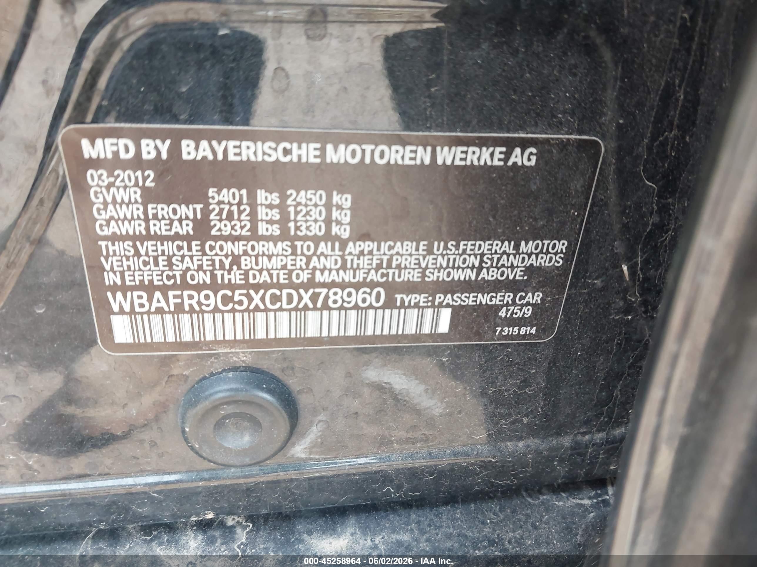 2012 Bmw 550i   Black vin: WBAFR9C5XCDX78960