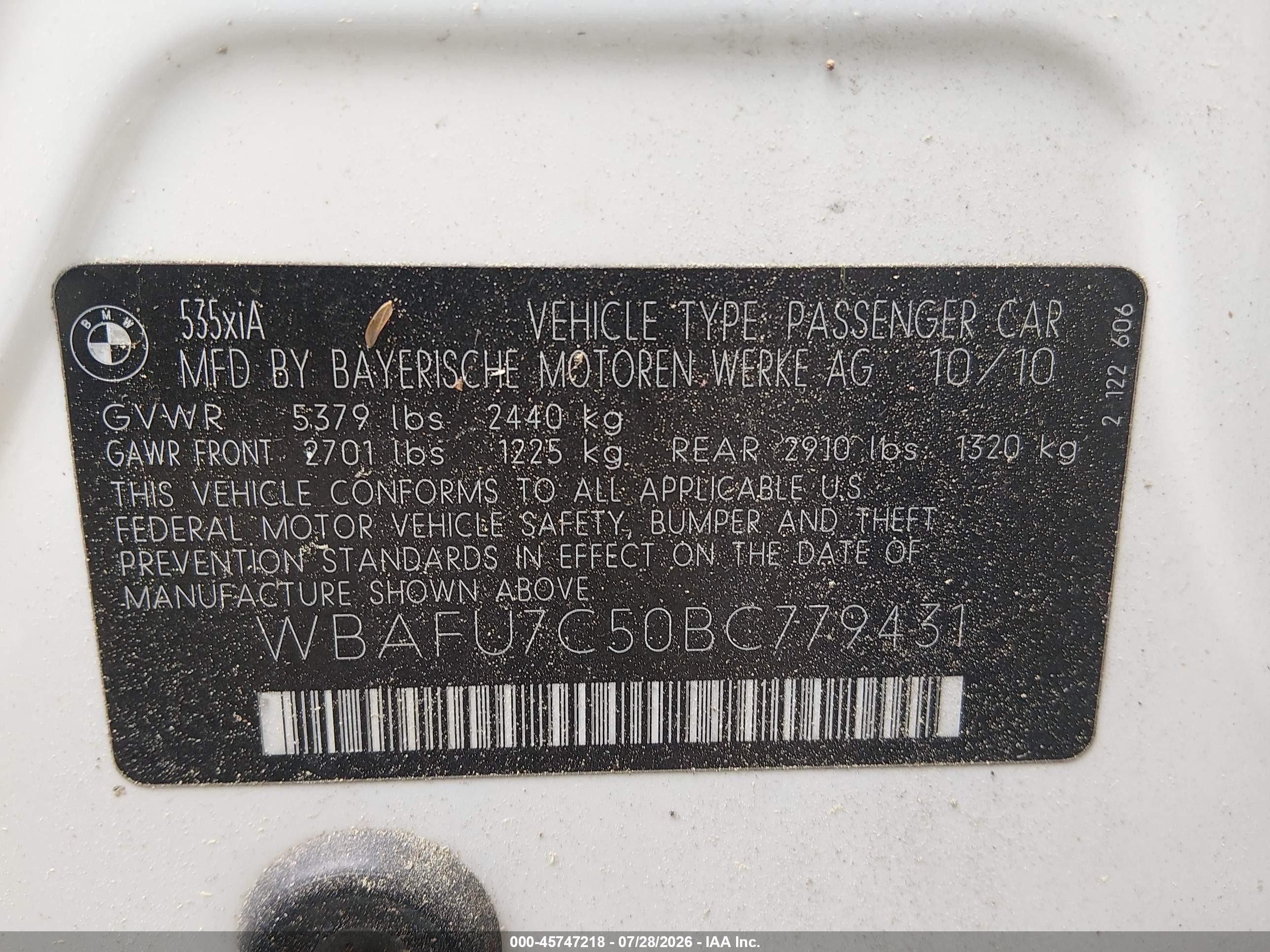 2011 Bmw 535i Xdrive Белый vin: WBAFU7C50BC779431