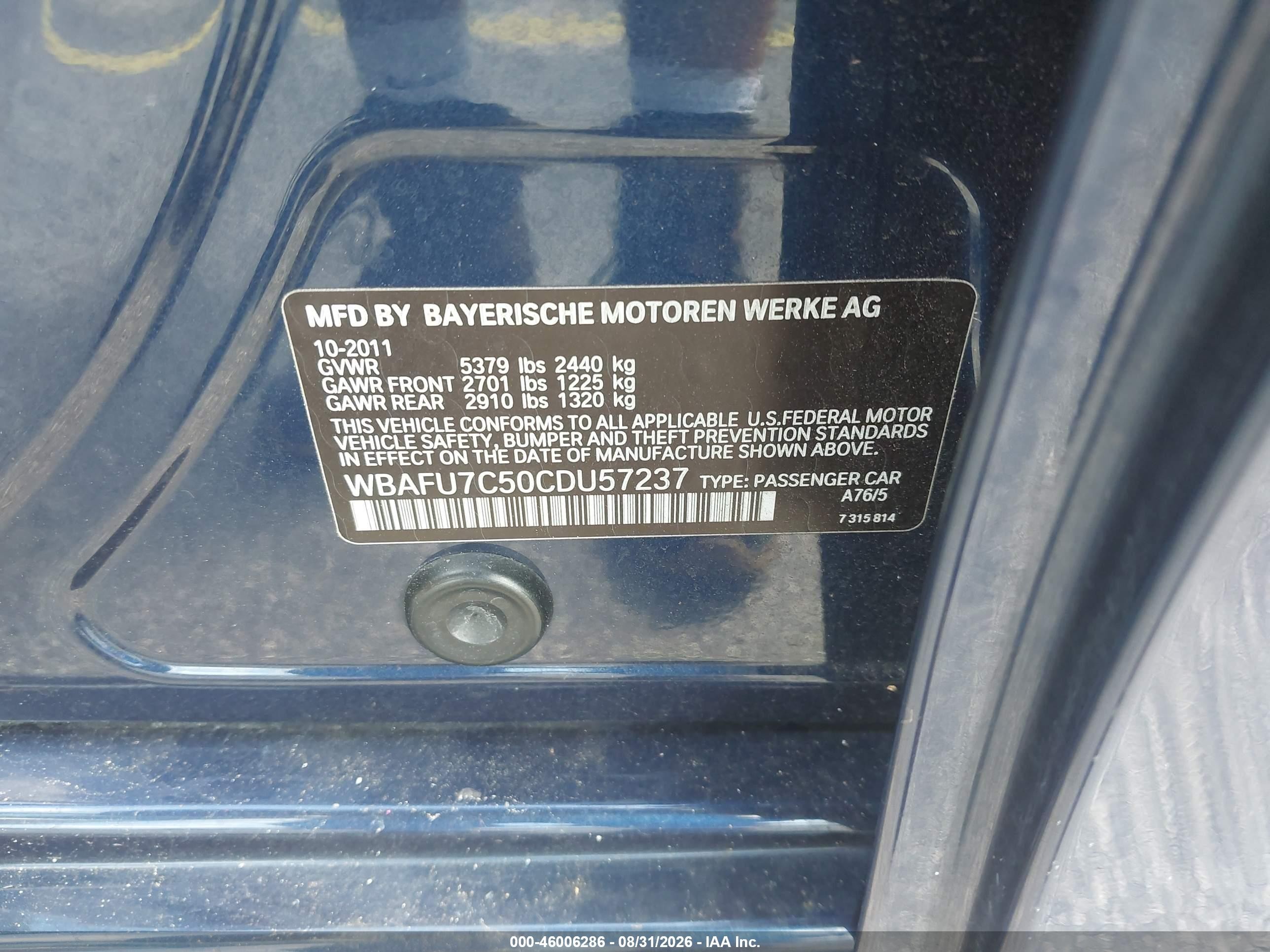 2012 Bmw 535i Xdrive Blue vin: WBAFU7C50CDU57237