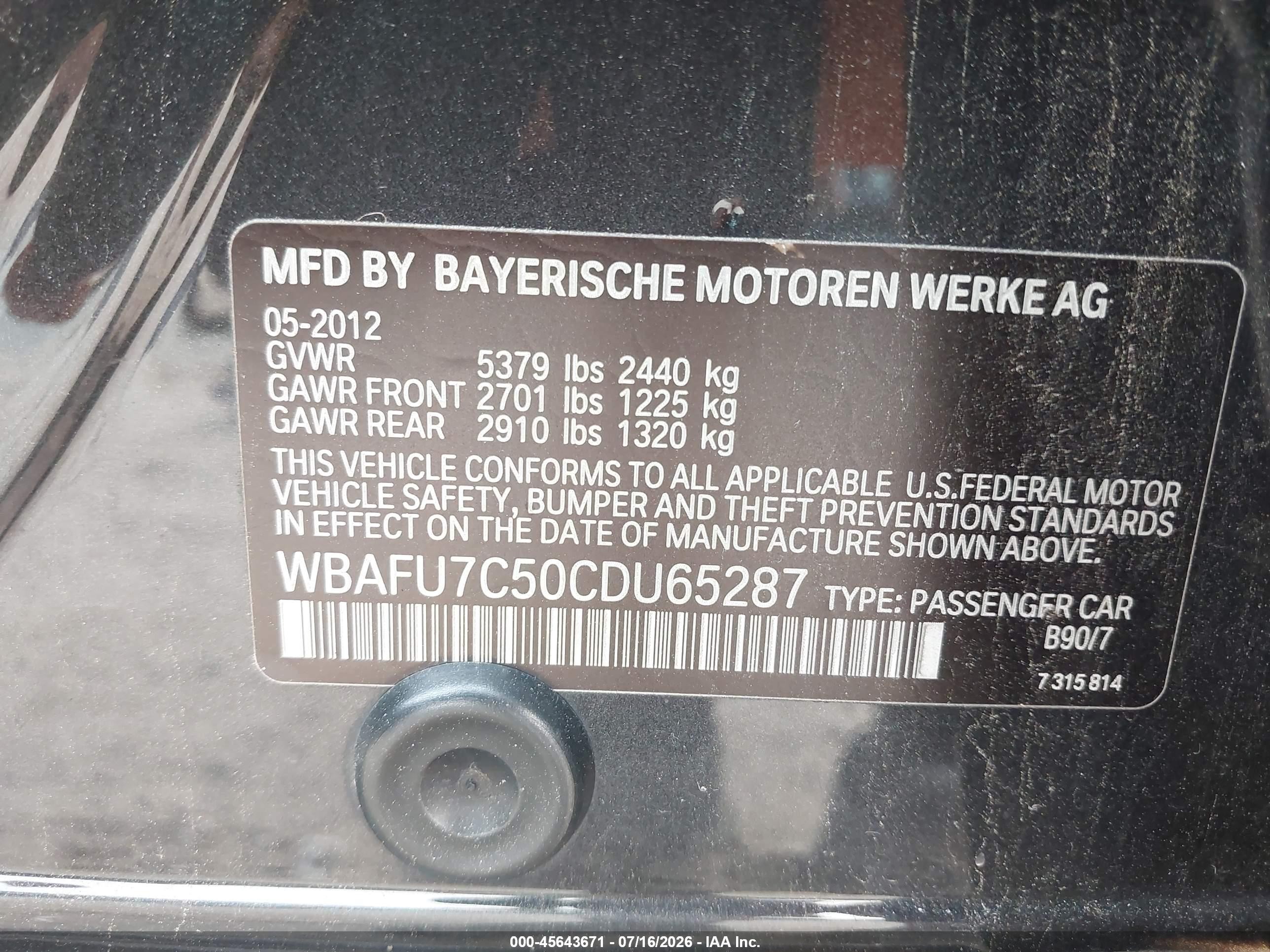 2012 Bmw 535i Xdrive Серый vin: WBAFU7C50CDU65287
