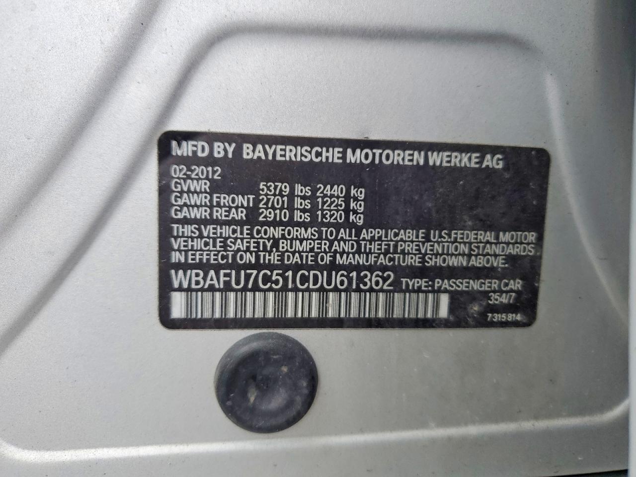 2012 Bmw 535 Xi Silver vin: WBAFU7C51CDU61362
