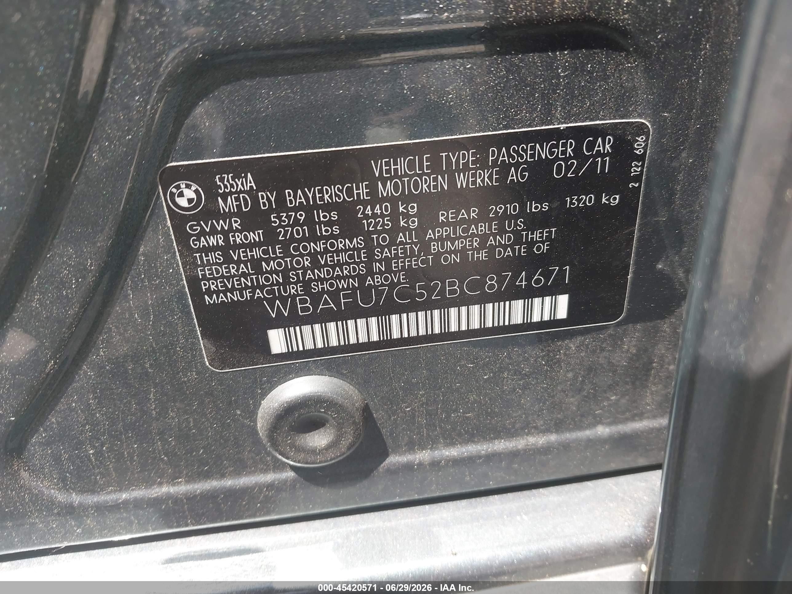 2011 Bmw 535i Xdrive Light Blue vin: WBAFU7C52BC874671