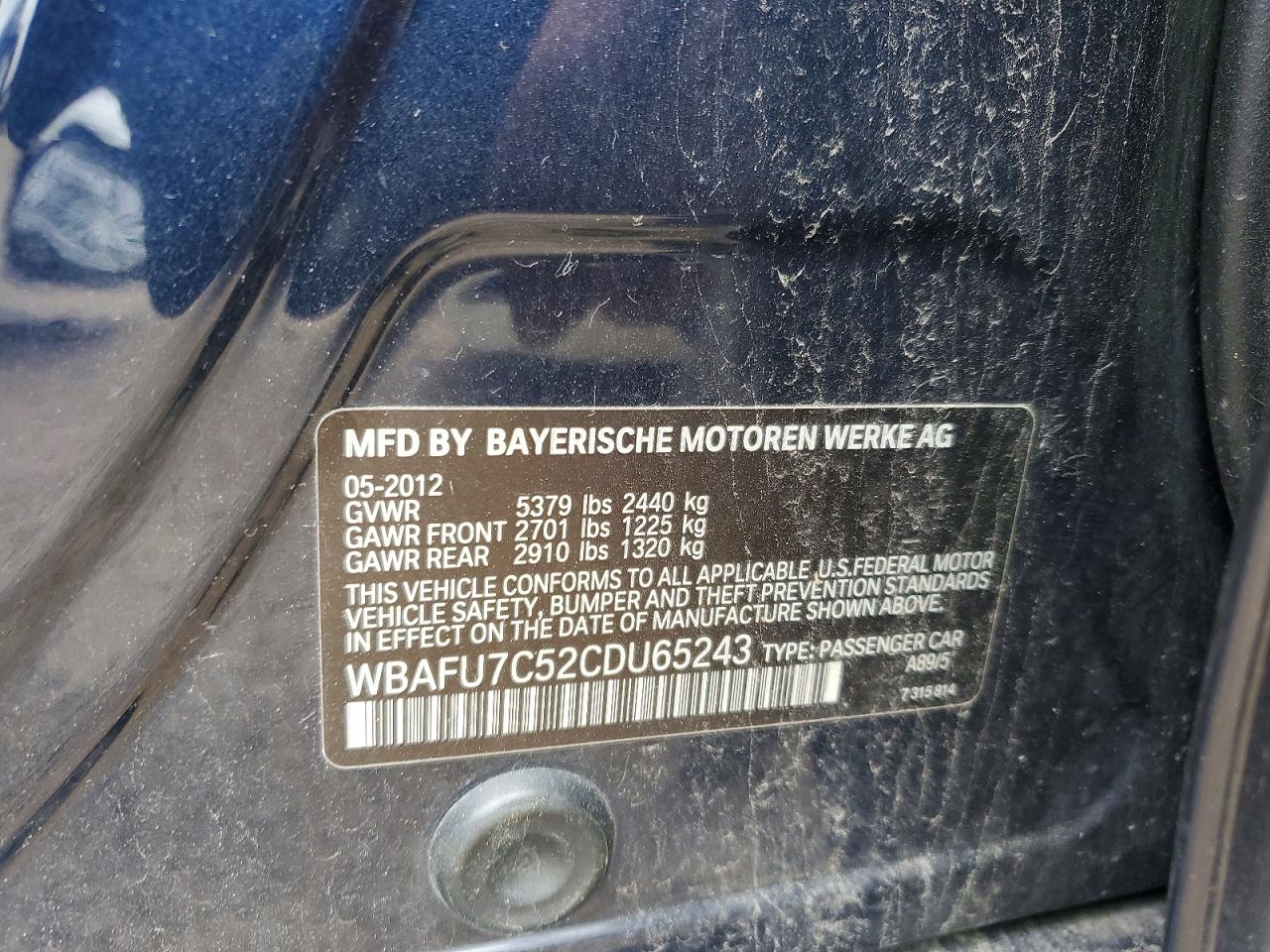 2012 Bmw 535 Xi Blue vin: WBAFU7C52CDU65243