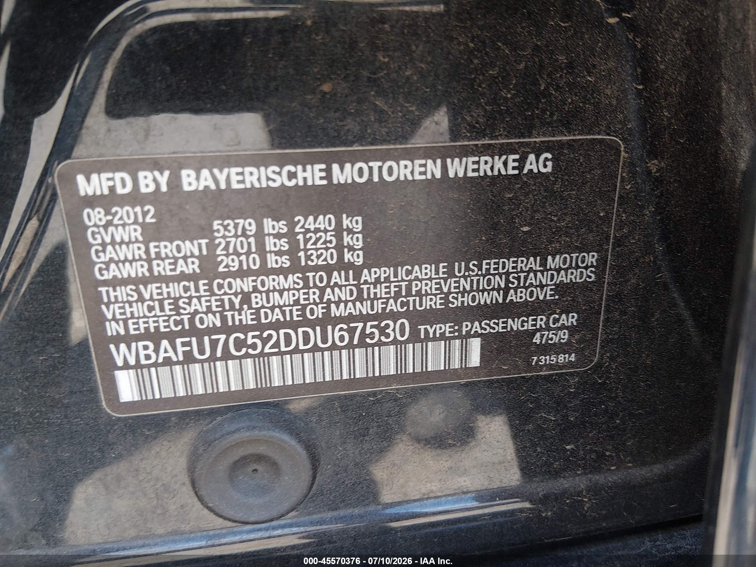 2013 Bmw 535i Xdrive Black vin: WBAFU7C52DDU67530