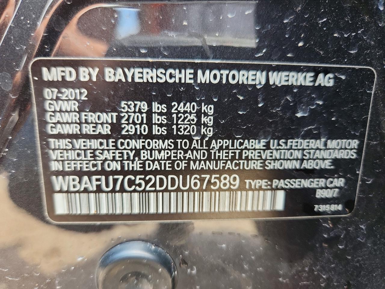 2013 Bmw 535 Xi Black vin: WBAFU7C52DDU67589