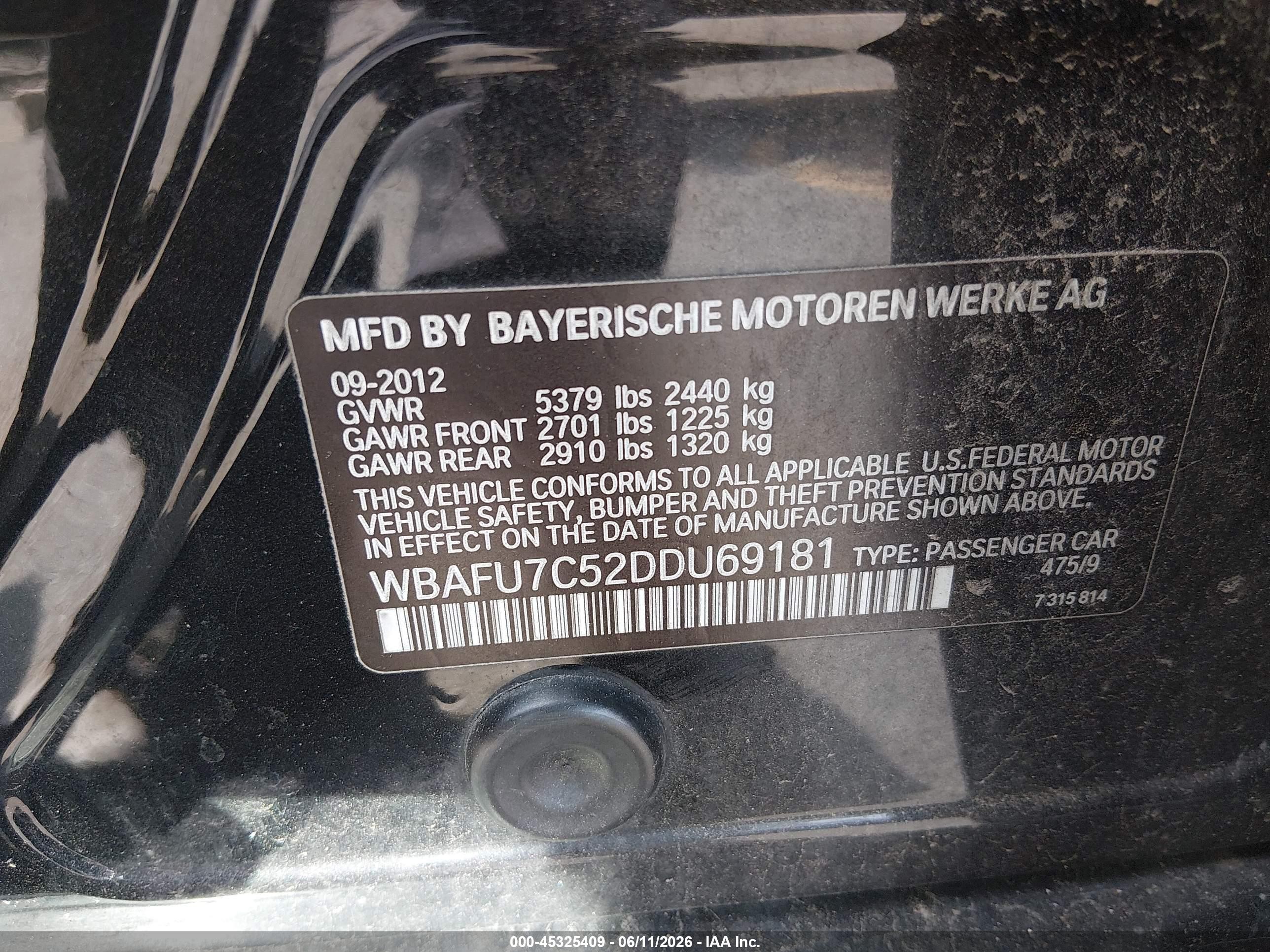 2013 Bmw 535i Xdrive Black vin: WBAFU7C52DDU69181