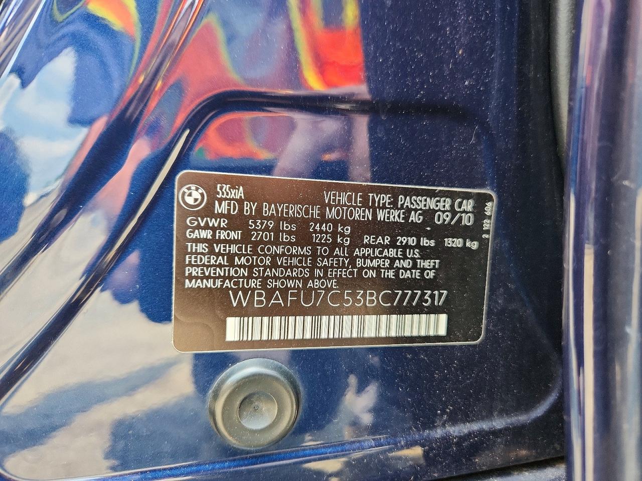 2011 Bmw 535 Xi Blue vin: WBAFU7C53BC777317