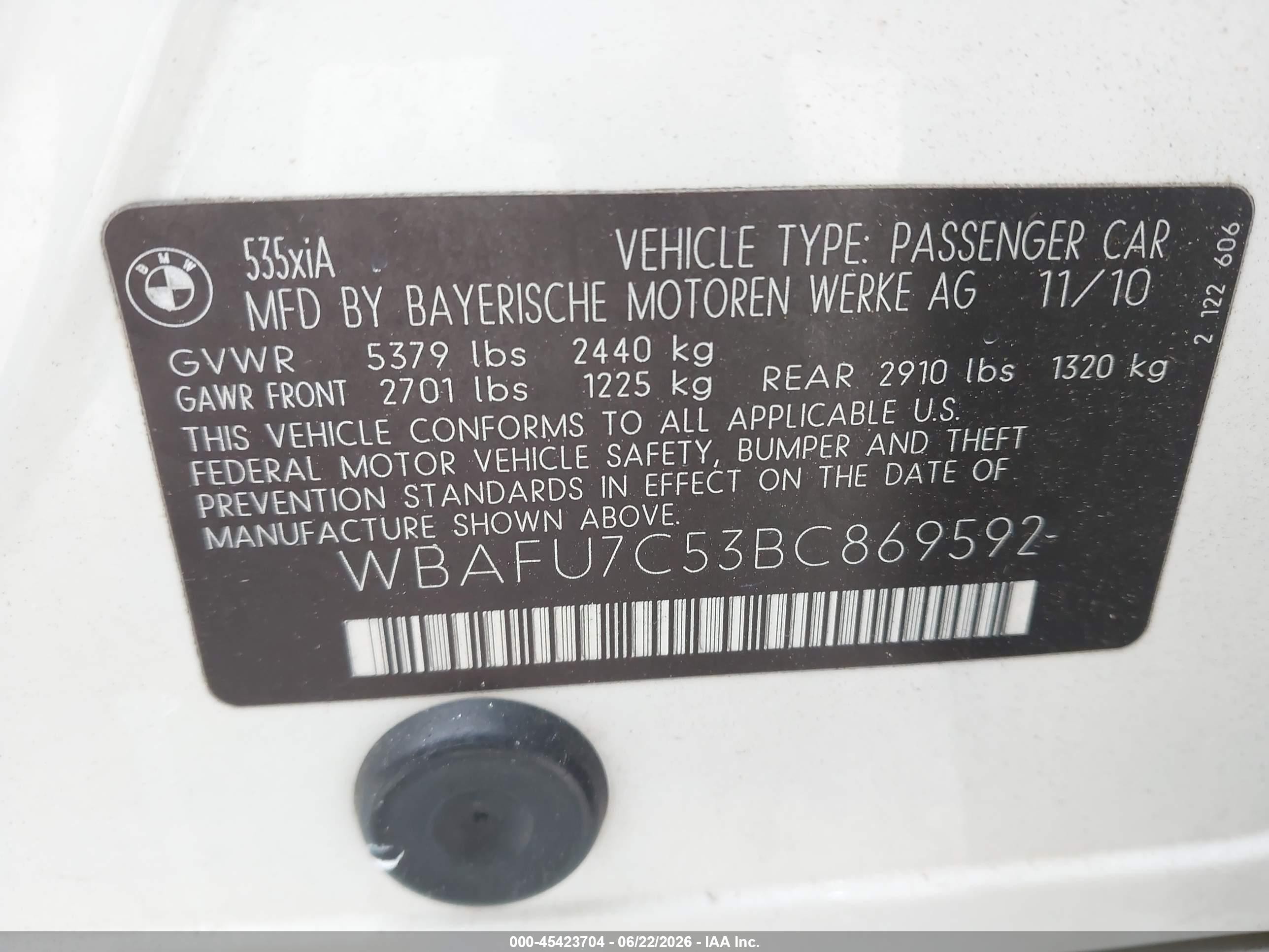 2011 Bmw 535i Xdrive White vin: WBAFU7C53BC869592