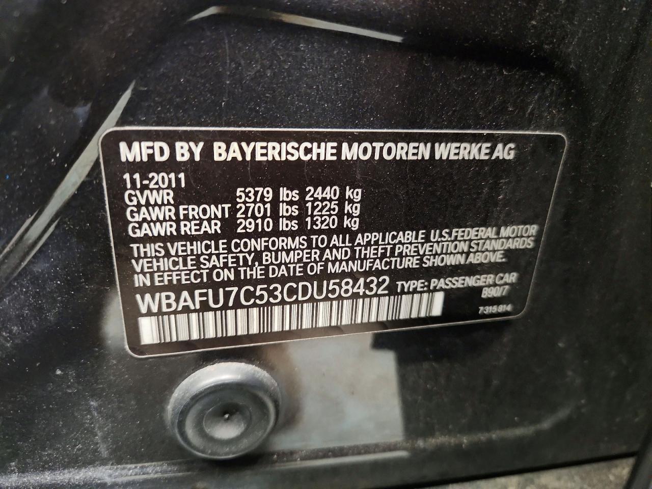 2012 Bmw 535 Xi Gray vin: WBAFU7C53CDU58432