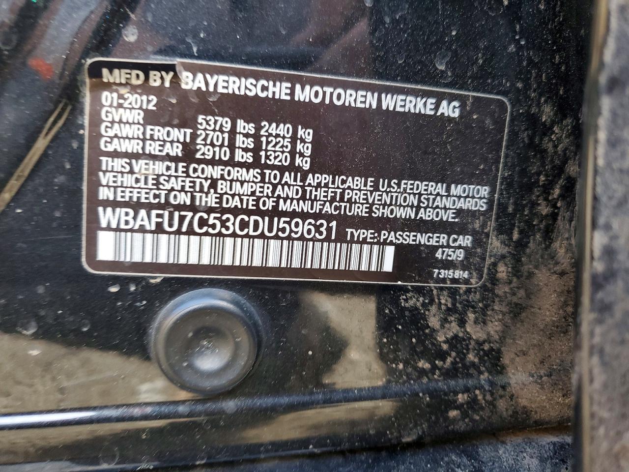 2012 Bmw 535 Xi Black vin: WBAFU7C53CDU59631