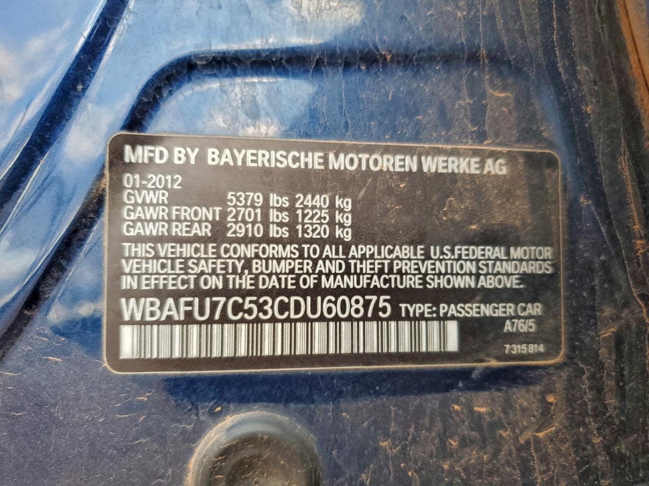 2012 Bmw 535 Xi Blue vin: WBAFU7C53CDU60875