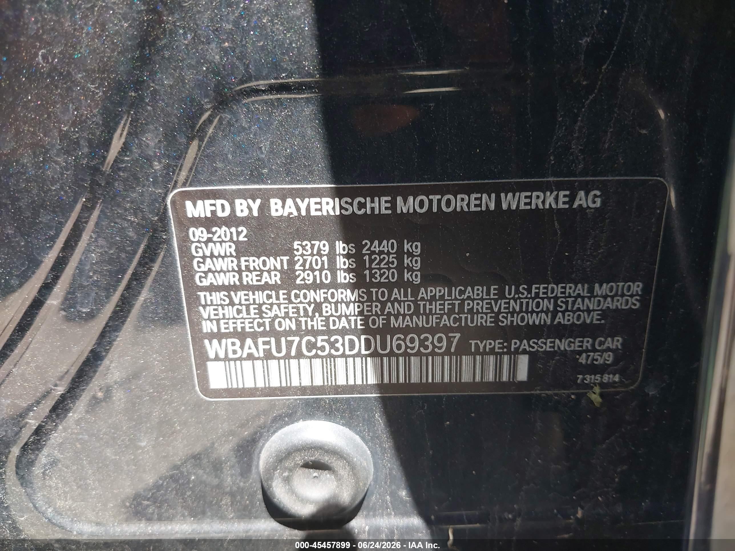 2013 Bmw 535i Xdrive Black vin: WBAFU7C53DDU69397