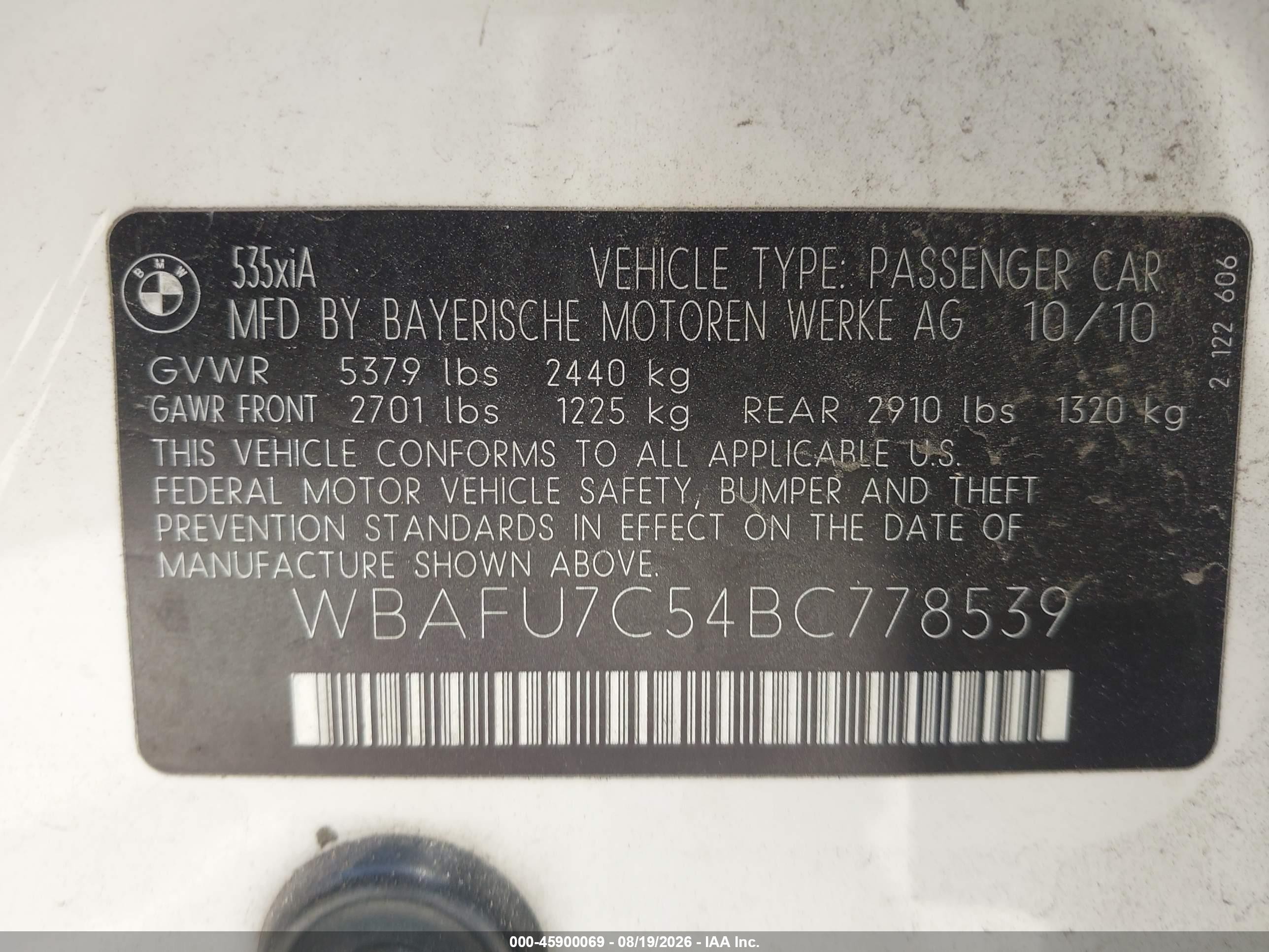 2011 Bmw 535i Xdrive White vin: WBAFU7C54BC778539