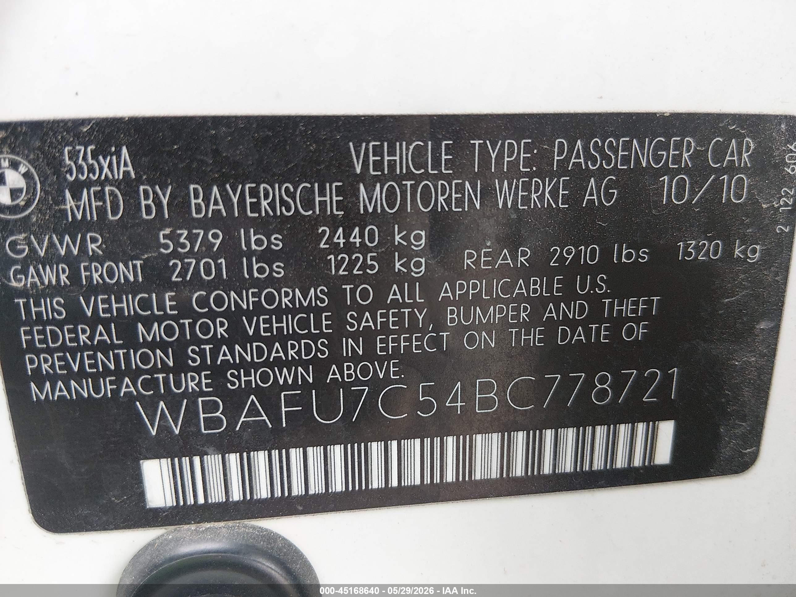 2011 Bmw 535i Xdrive White vin: WBAFU7C54BC778721