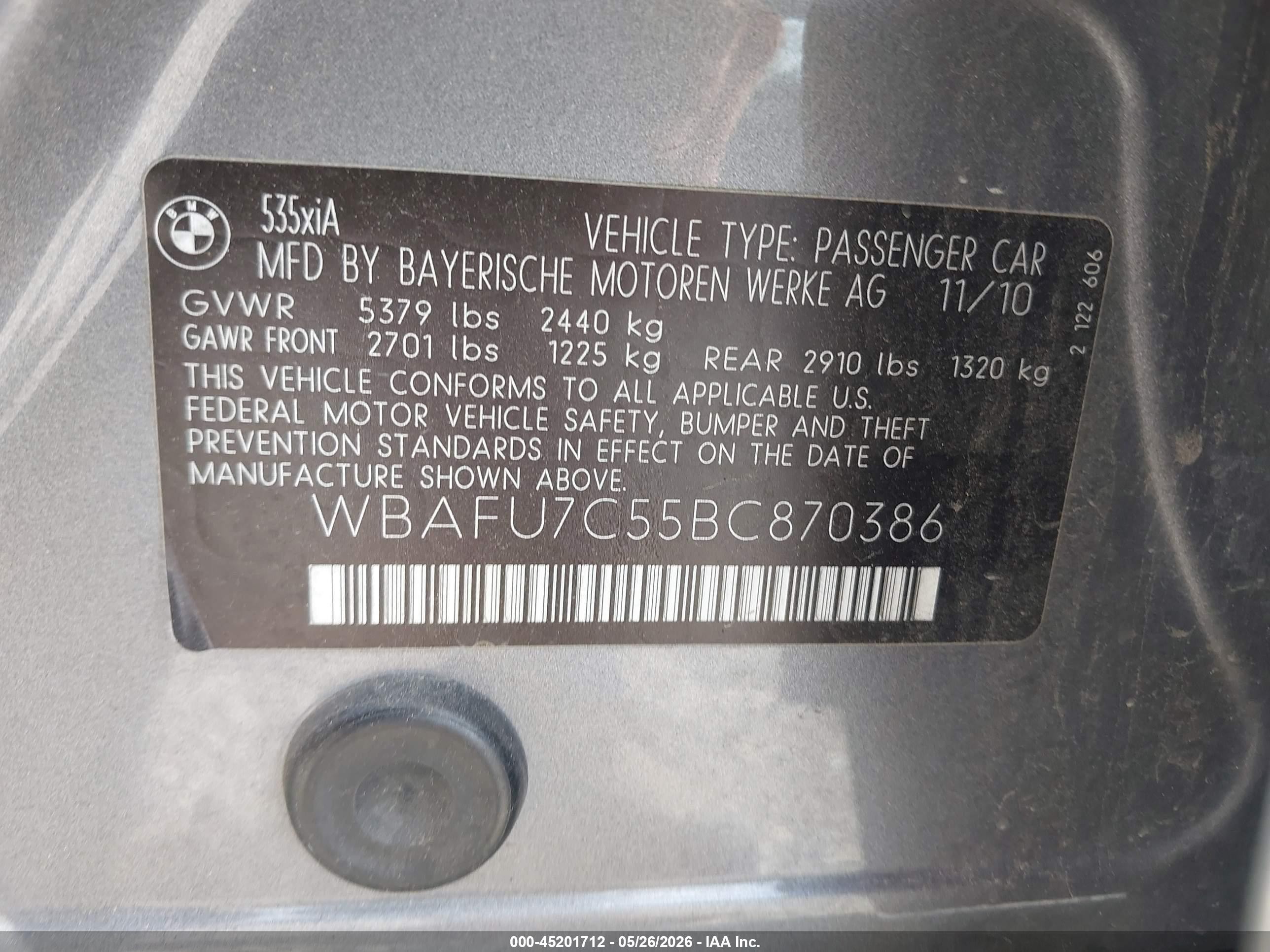 2011 Bmw 535i Xdrive Gray vin: WBAFU7C55BC870386