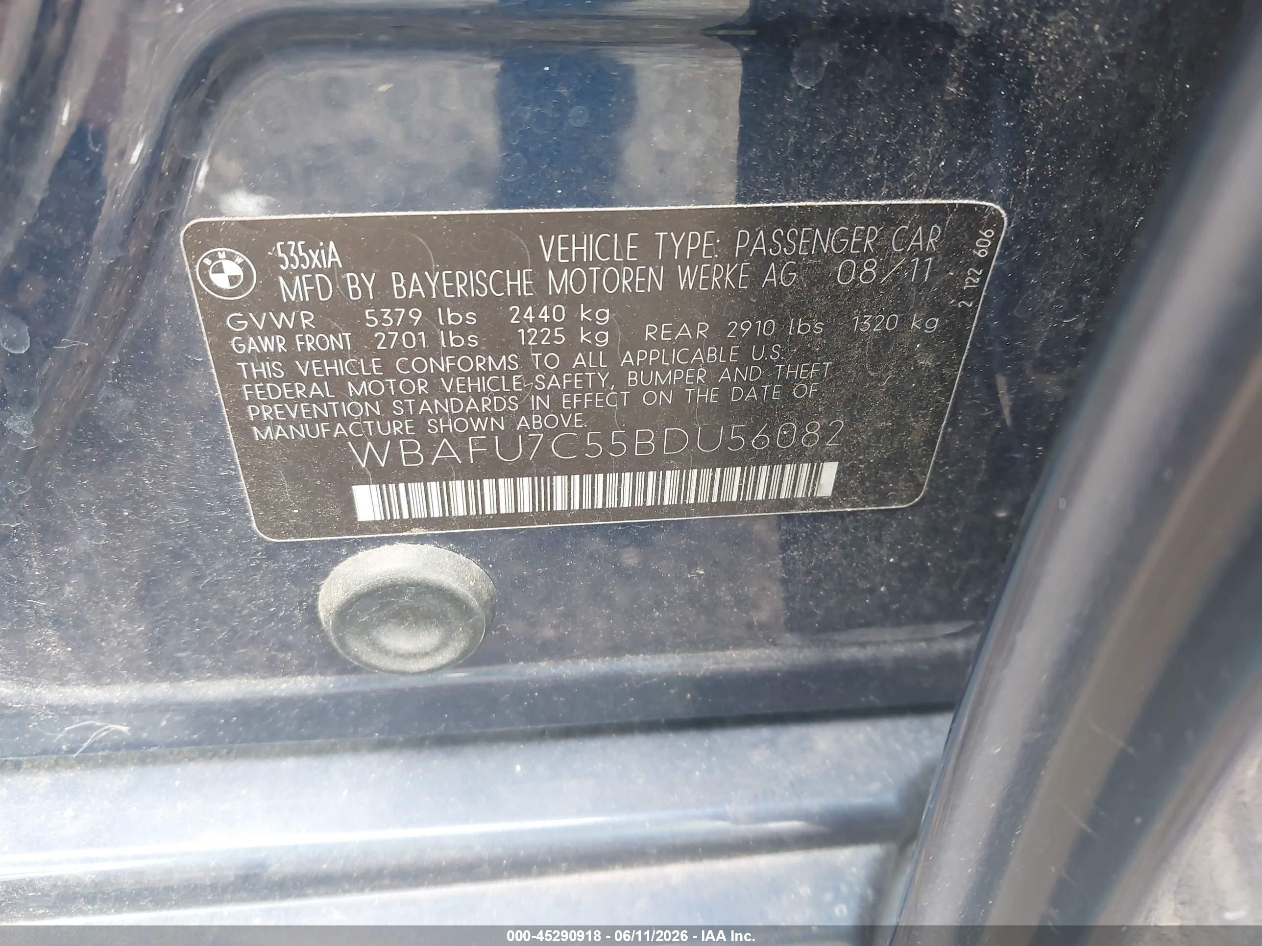2011 Bmw 535i Xdrive Синий vin: WBAFU7C55BDU56082